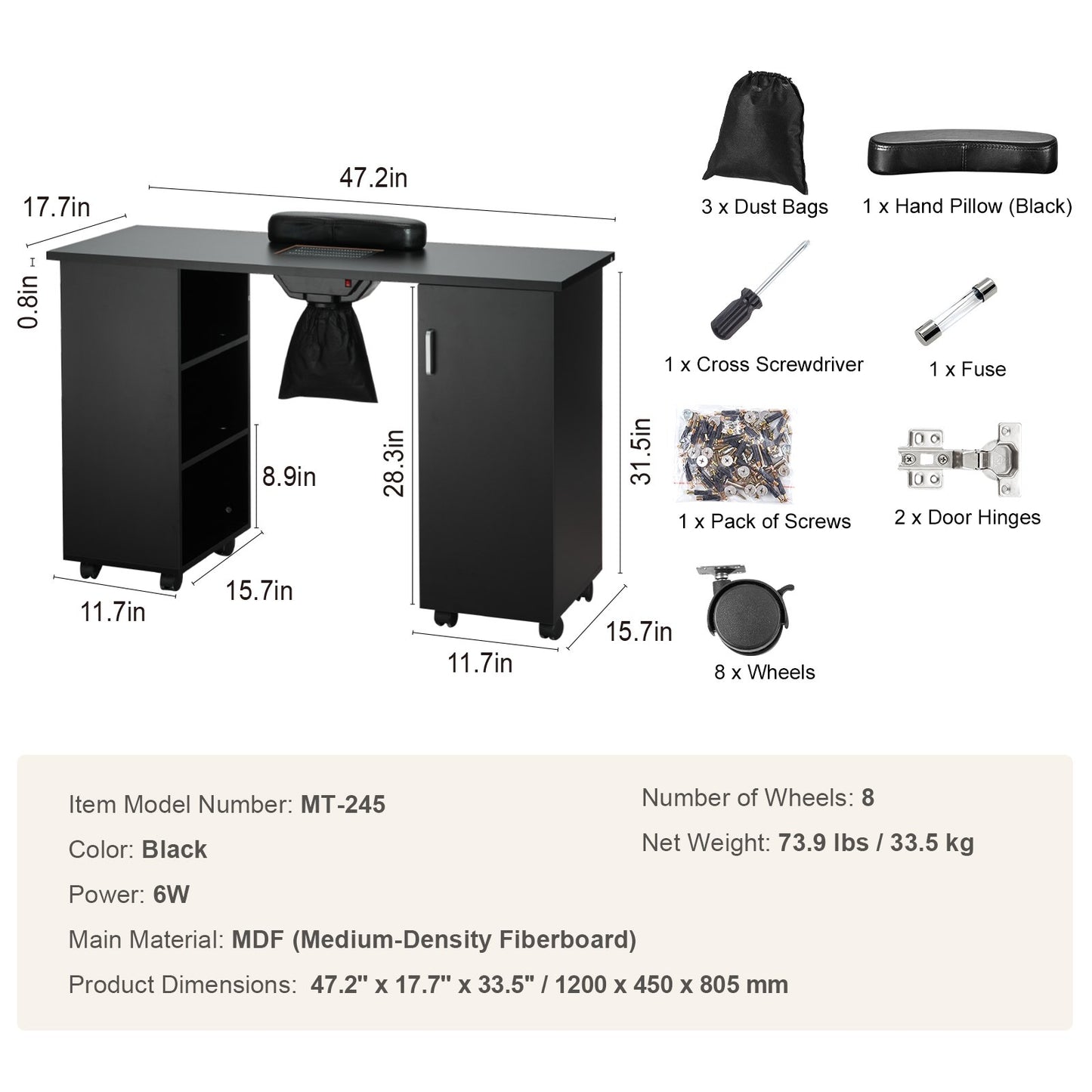 VEVOR Manicure Table, Nail Table Station With Electric Dust Collector, Moveable Nail Tech Desk With 8 Wheels 4 Lockable , 3 Dust Bag & Wrist Rest, MDF Nail Art Workstation For Spa Beauty Salon, Black
