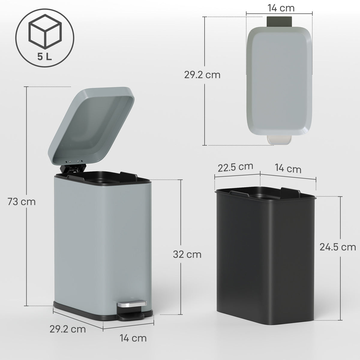 5L Rectangular Compact Bin Steel Body Removable Bucket Quiet-Close Lid W/ Pedal Lid Rubbish Trash Can Home Office Bedroom Bathroom Living Room Garbage Tidy Clean Grey