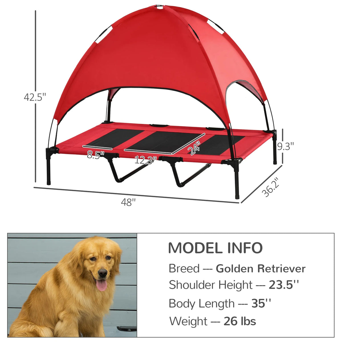 48 In X 36 In Elevated Dog Cot Cooling Pet Bed With UV Protection Canopy Shade, Portable Raised Outdoor Dog Bed, Heavy Duty Pet Hammock Bed For Medium & Large Dogs, Red
