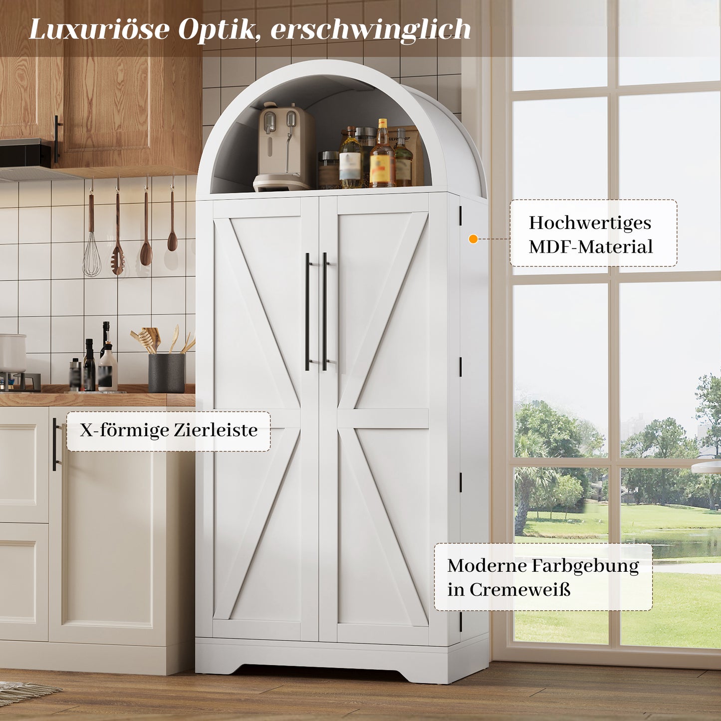 165x70x40cm High, Domed Cabinet, Kitchen Cabinet, Display Cabinet, Wine Cabinet, With Shelf Above The Door And Open Top Suitable For Kitchen, Dining Room, Living Room And Bedroom White