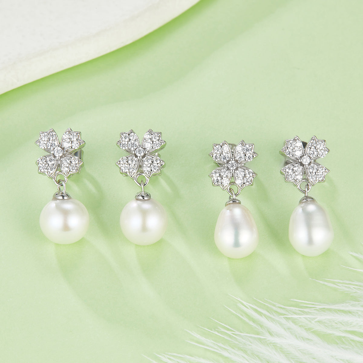 S925 Sterling Silver Natural Freshwater Pearl Dangle Earrings, Clover Pave, Round Teardrop Pearl, Platinum Plated, 2g, Gift Box