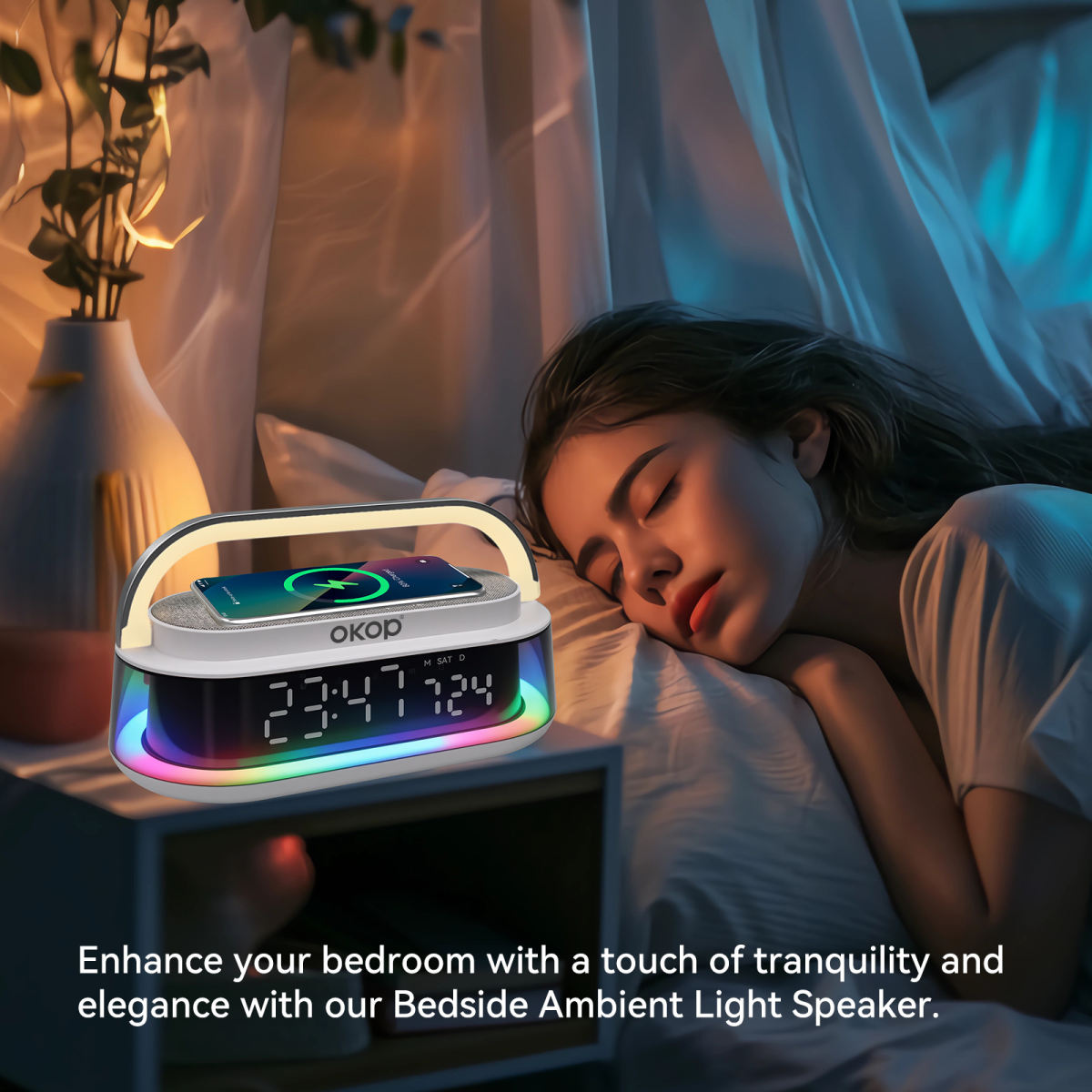 KP-575 Bluetooth Speaker15W Wireless Charging Desktop Clock Alarm RGB Ambient Light White Noise Mini Speaker