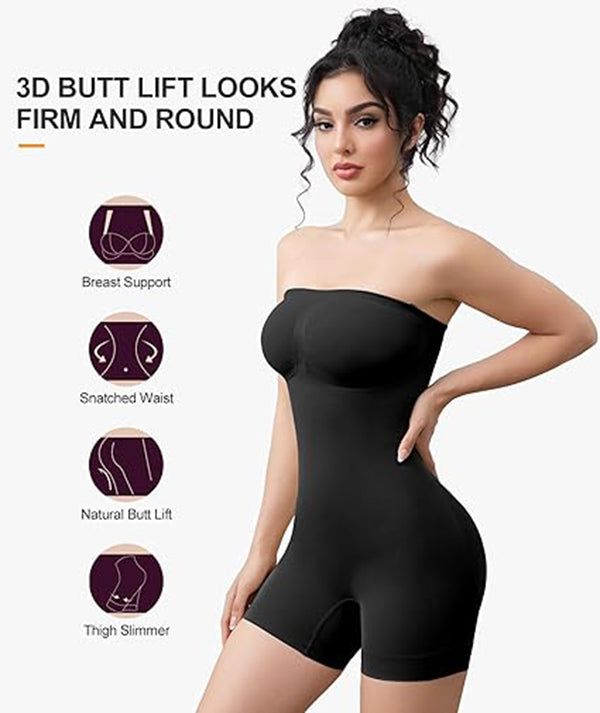 Off Shoulder Bandeau Shapewear Bodysuit For Women, Sexy Strapless Tummy Control Waist Slim Butt Lifting Seamless Body Sculpting Suit