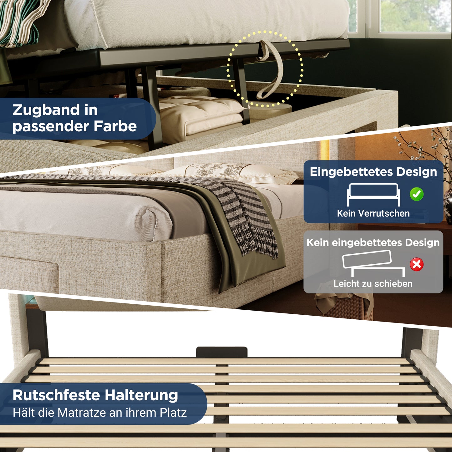 Upholstered Bed 90x200 Cm With Hydraulic Storage And Headboard With Storage Compartment, LED Lighting And USB & USB-C Port, Wooden Bed Frame, Beige, Linen, Without Mattress