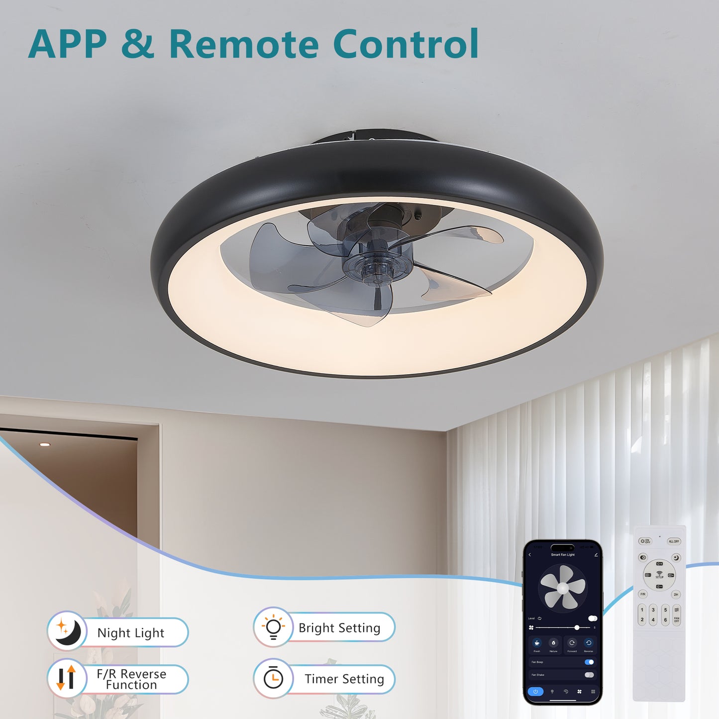 20 Black LED Ceiling Fan Light Dimmable Adjustable Color Temperature, APP Remote Control, Modern Smart Ceiling Fan For Living Room, Bedroom, And Dining Room Silent 6-Speed Reversible DC Motor
