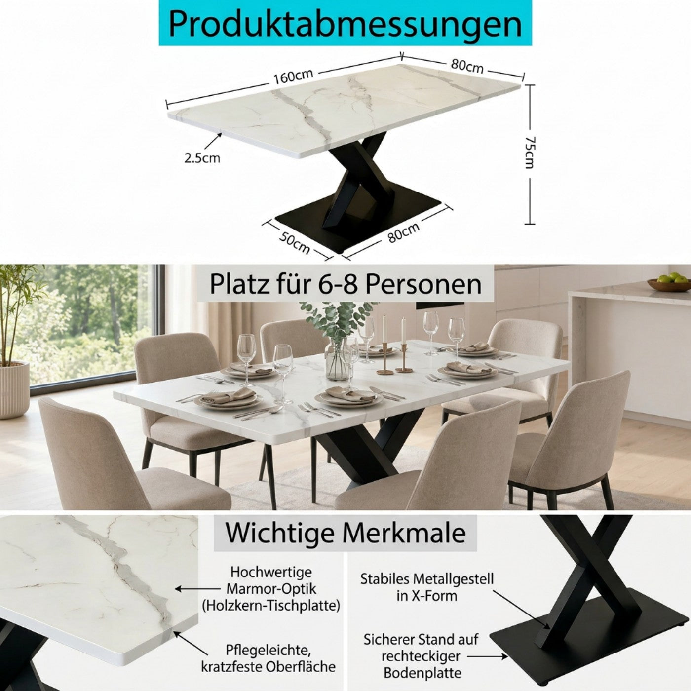 Modern Rectangular Dining Table For 6-8,Large White Kitchen Table With MDF Desk And Black Metal Base,White Marble Patterned Wooden Table,X-Shape Support Dining Table For Home Office Living