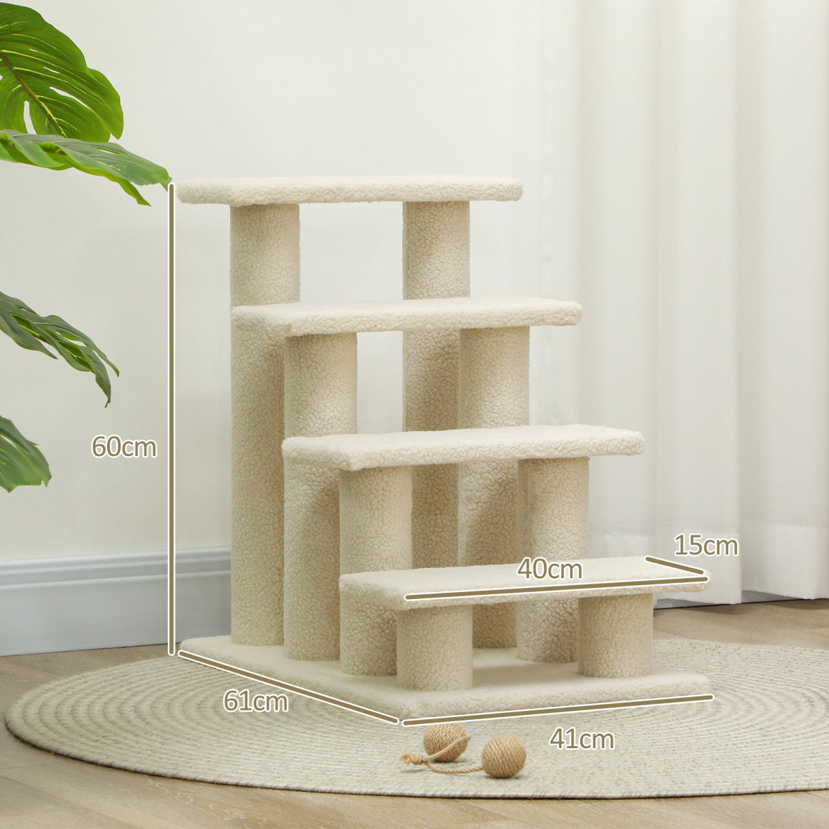 PawHut Dog Steps For Bed 4 Step Pet Stairs For Sofa Dog Cat Climb Ladder 63x43x60 Cm Cream