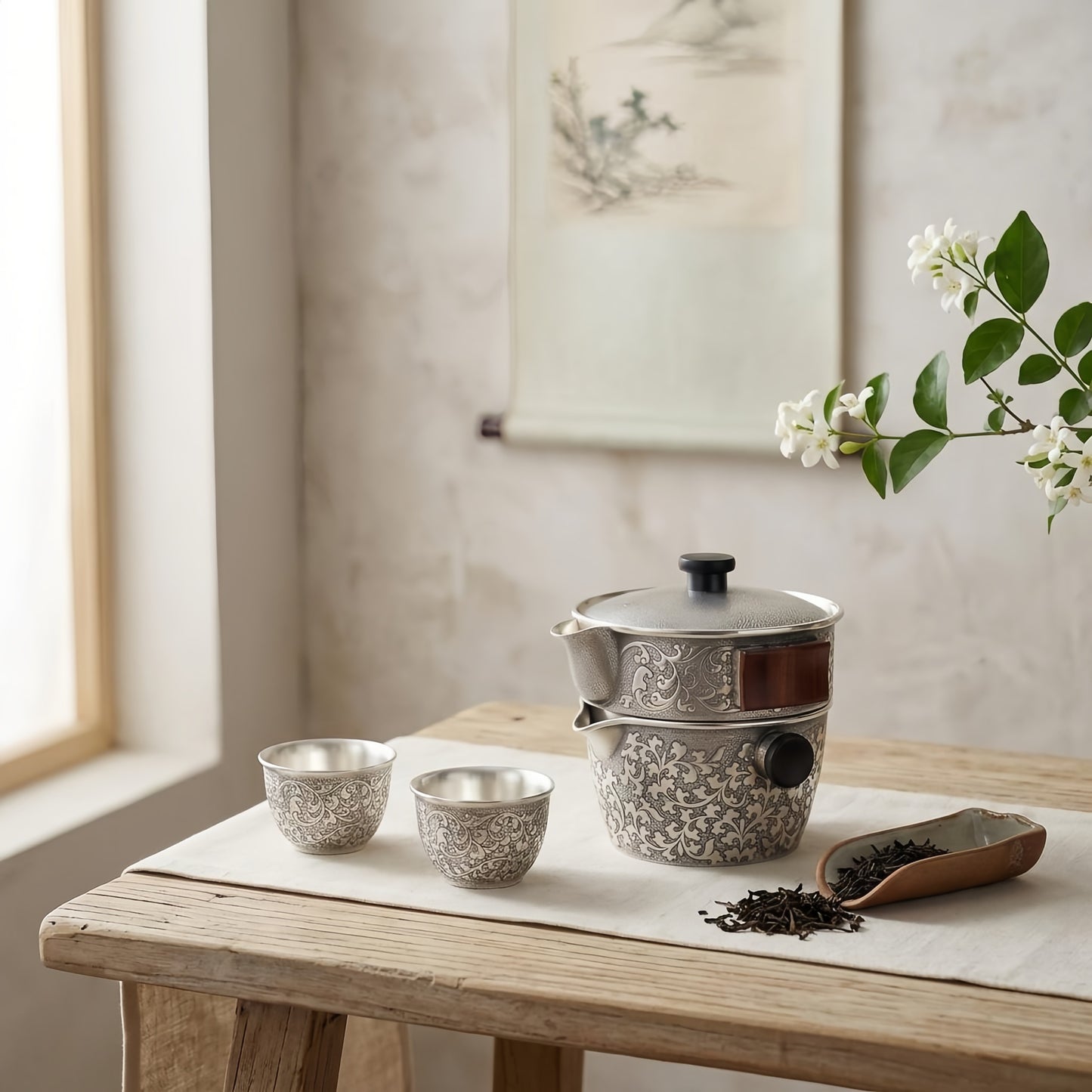 925 Sterling Silver Ornate Engraved Silver Tea Set with Wooden Accents and Floral Motifs - Handicraft