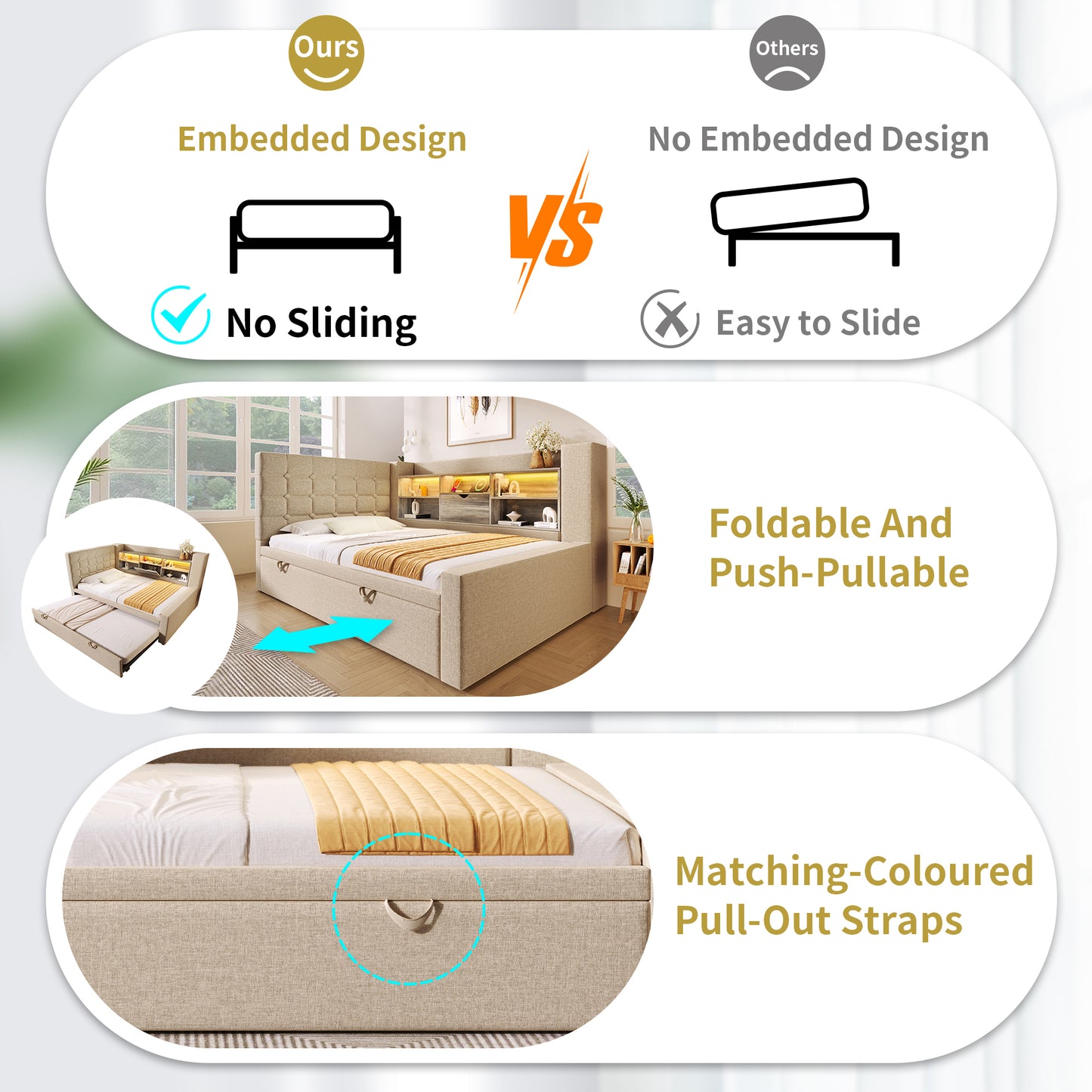 Daybed Upholstered Bed 90 X 190 Cm, 3FT Single Sofa Bed With Storage, USB &Type C Charging Station, Pull Out Trundle For Living Room And Bedroom, Linen, Beige No Mattress