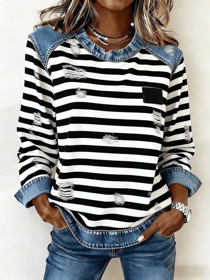 Christmas Crew-Neck Raglan Denim Patchwork Sweatshirt