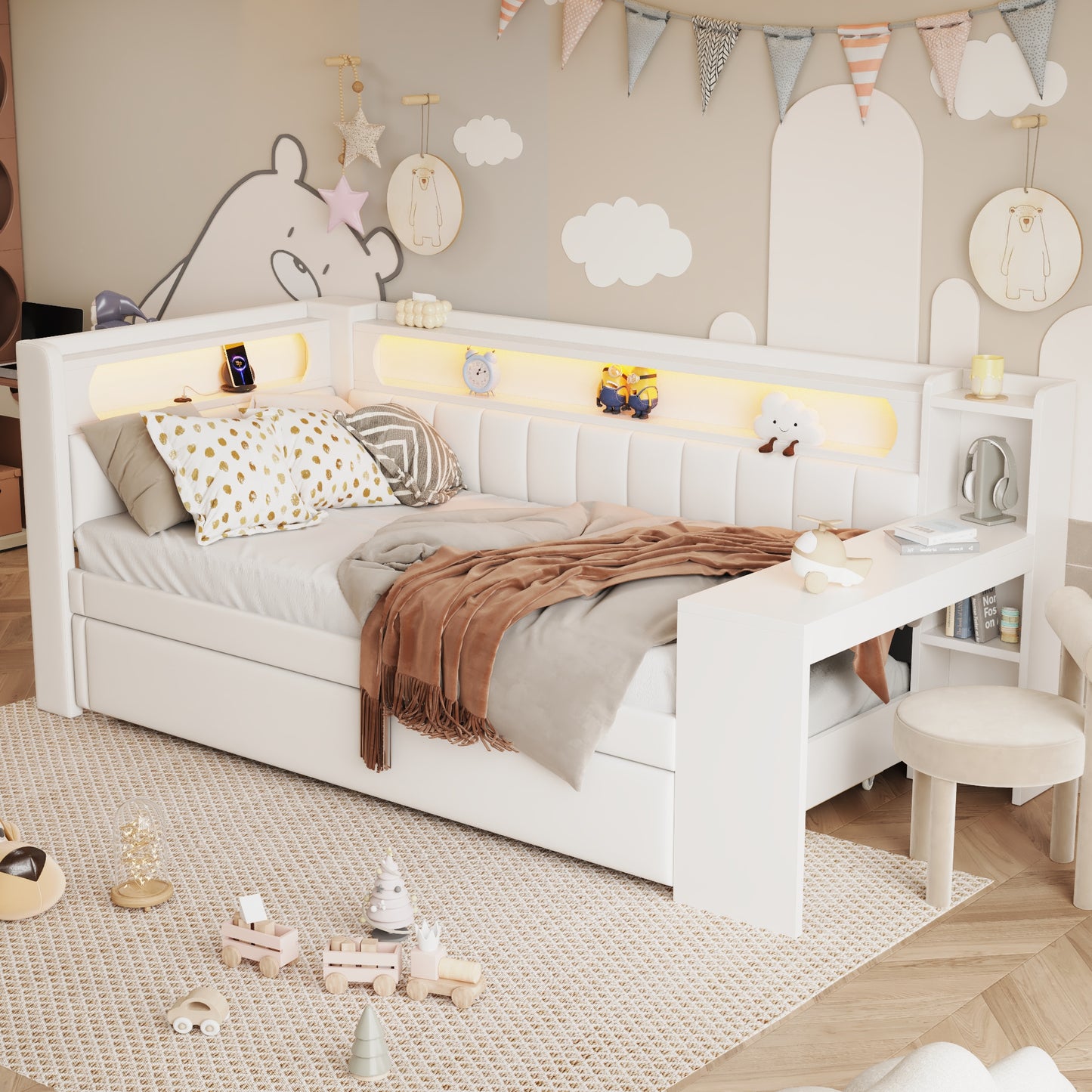 Padded 90x200 Daybed With USB Ports And LED Belt, With Trundle Bed And Desk, White