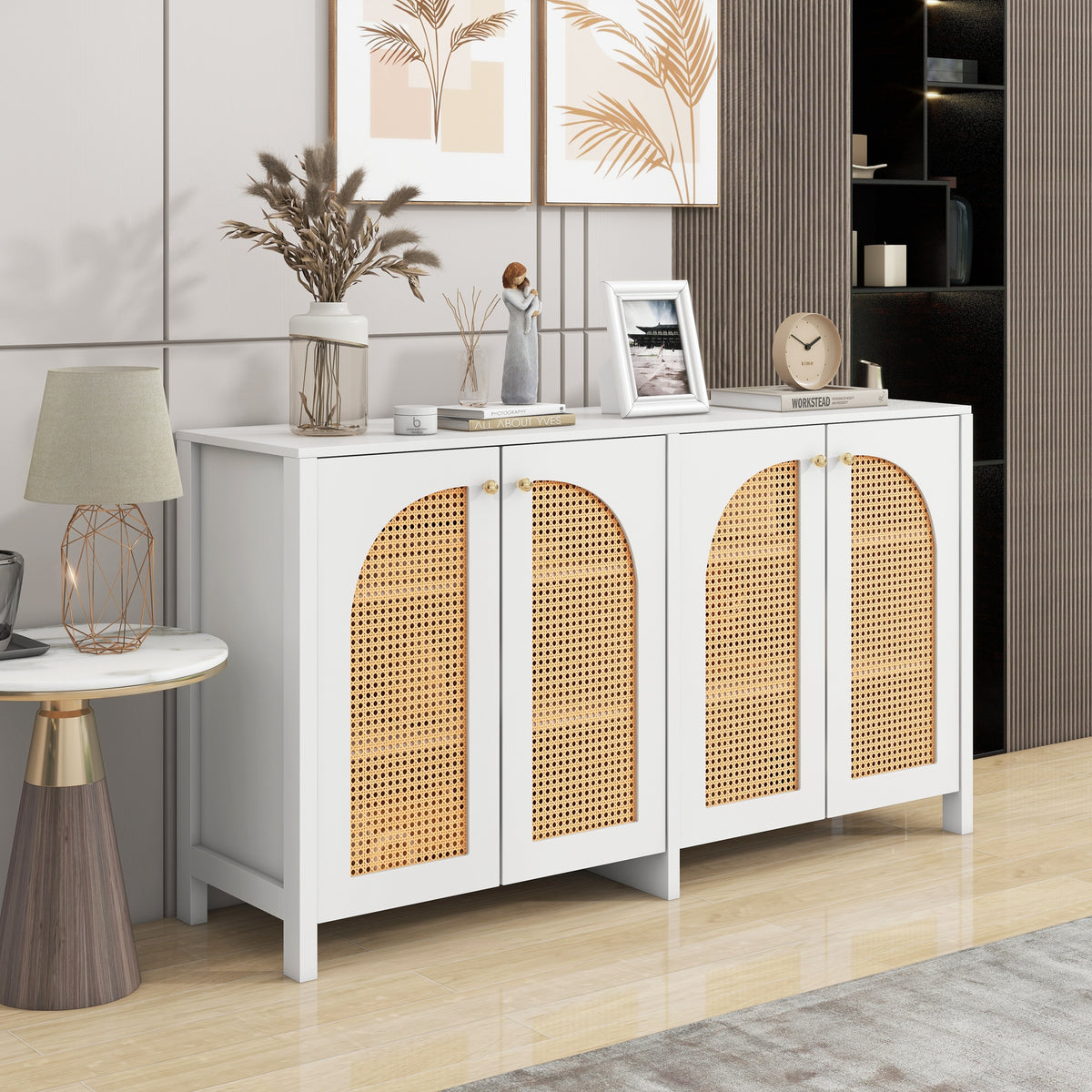 Modern Minimalist Style Sideboard 4-Rattan Door, Metal Handle Simple Buffet Cabinet For Dining Room, Living Room, Kitchen White