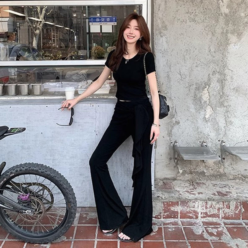 Womens Summer American-Style Short T-Shirt Mock Two-Piece Lace-Up Flare Pants Ultra-Stretch Yoga Two-Piece Set