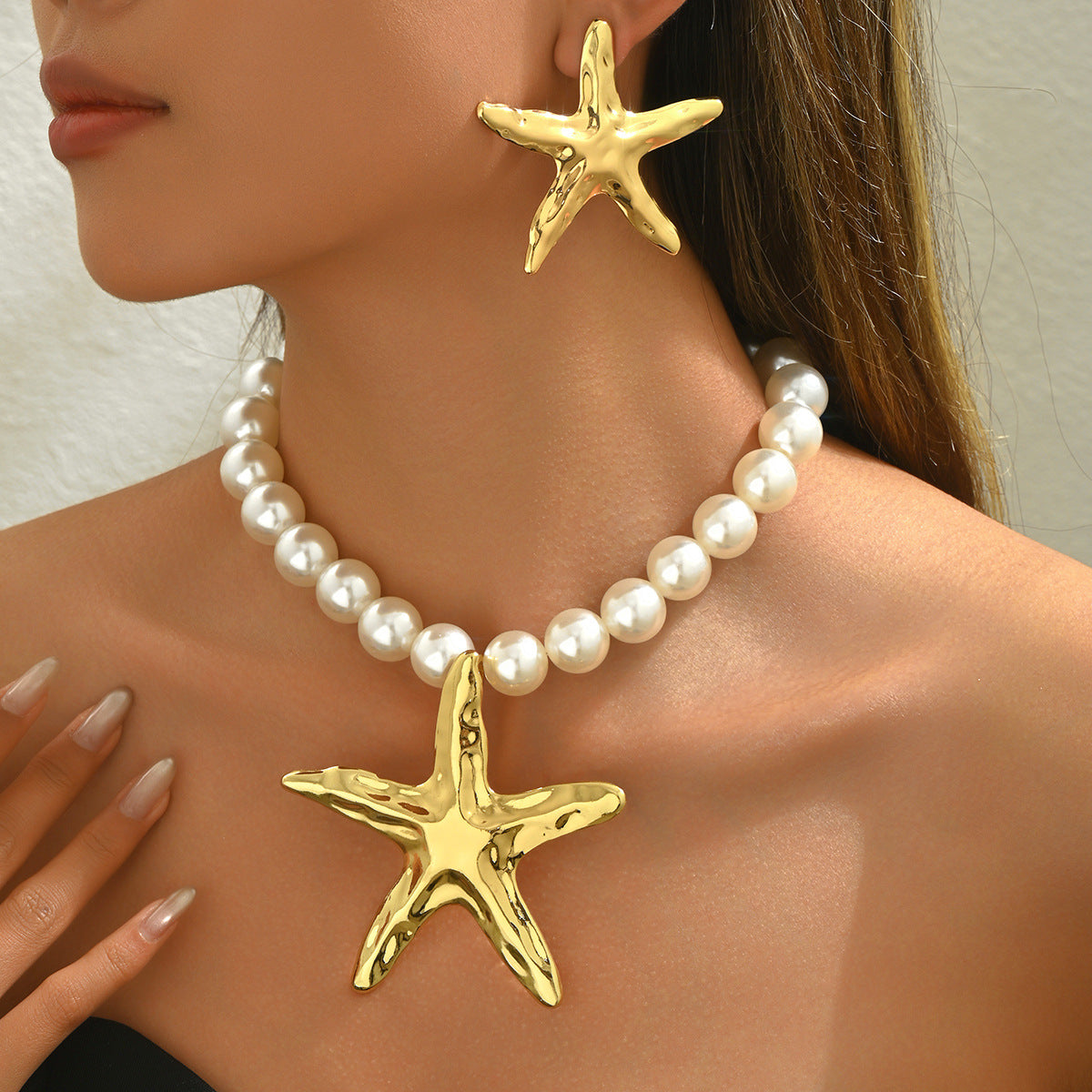 2026 New Women Jewelry Set, Long Clavicle Necklace & Matching Drop Earrings With Starfish Strung Faux Pearl Design, Trendy Versatile Daily Accessories
