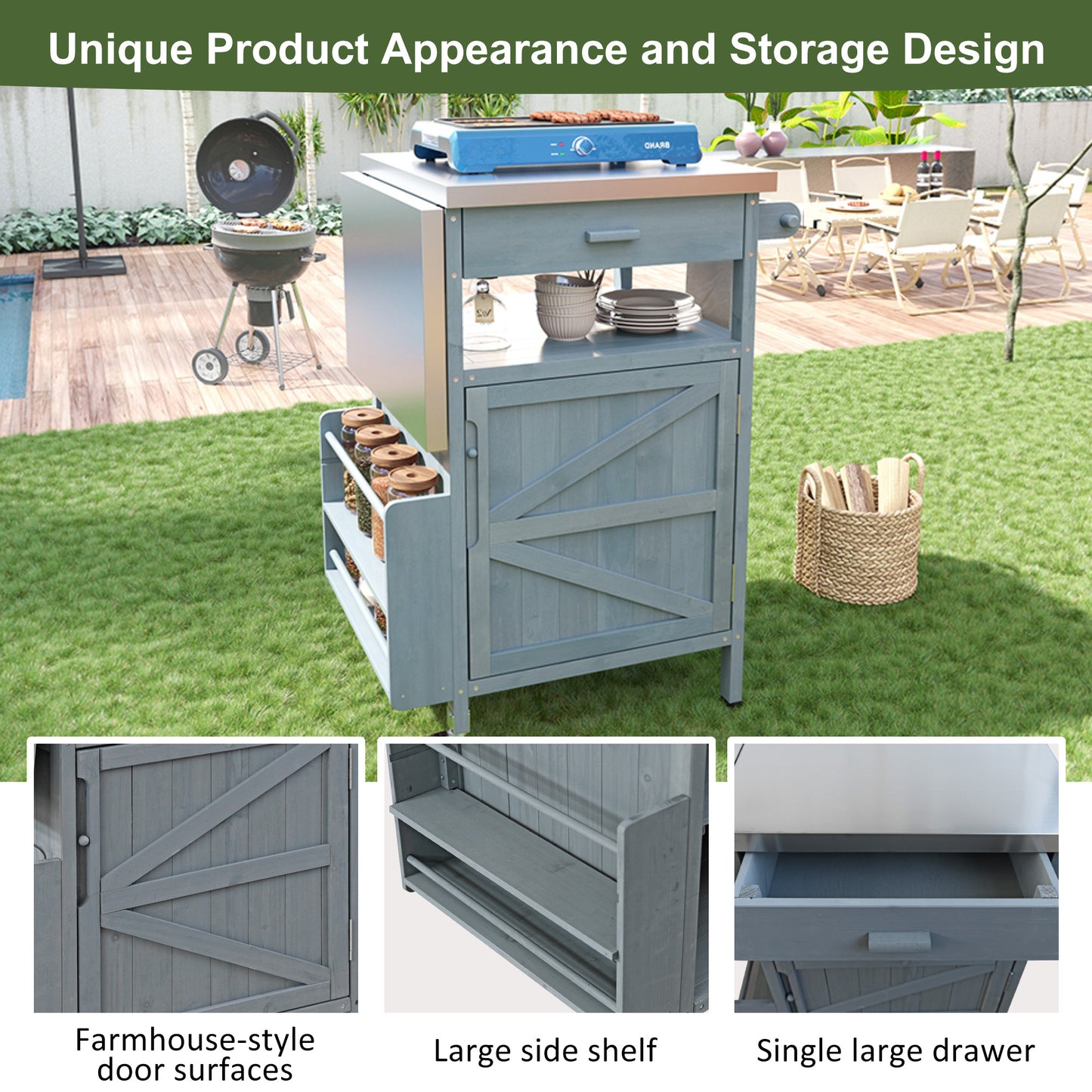 K&K 40.5 Outdoor Grill Cart With Stainless Steel Top, Solid Wood Outdoor Storage Cabinet With Drop Leaf, One Drawer, Towel Rack, Rolling Kitchen Cart With Lockable Wheels For Lawn Garden, Blue Grey