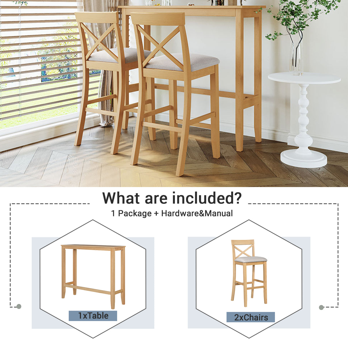 TOPMAx Farmhouse 48 Rectangular Wood Bar Height Dining Set Kitchen Breakfast Nook With 2 Chairs For Small Places Natural Beige