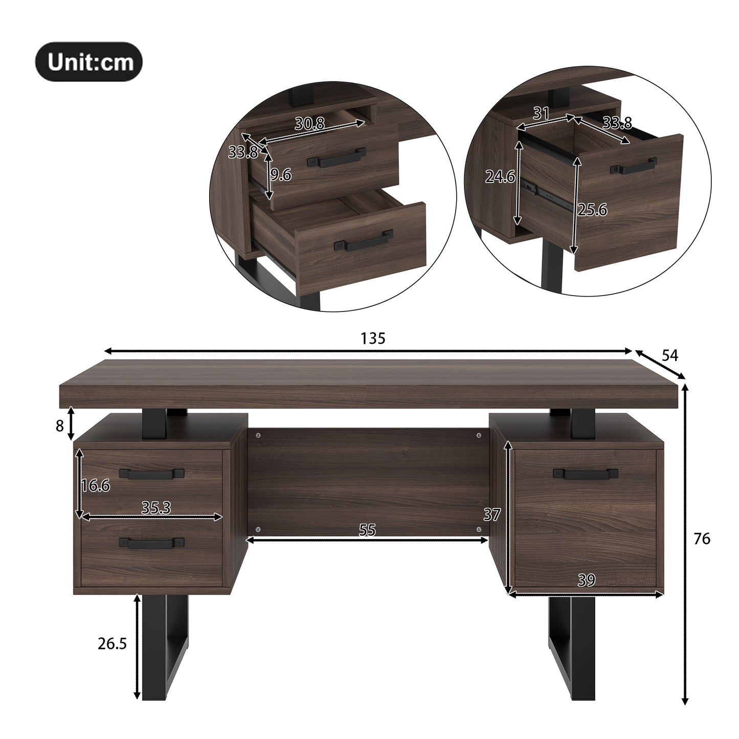 135 X 54 Cm Simple Office Desk, MDF And High Quality Steel Tube, Noiseless Drawer, Folder Drawer, Splash-proof Spacious Desk Top, Efficient Storage, Brown
