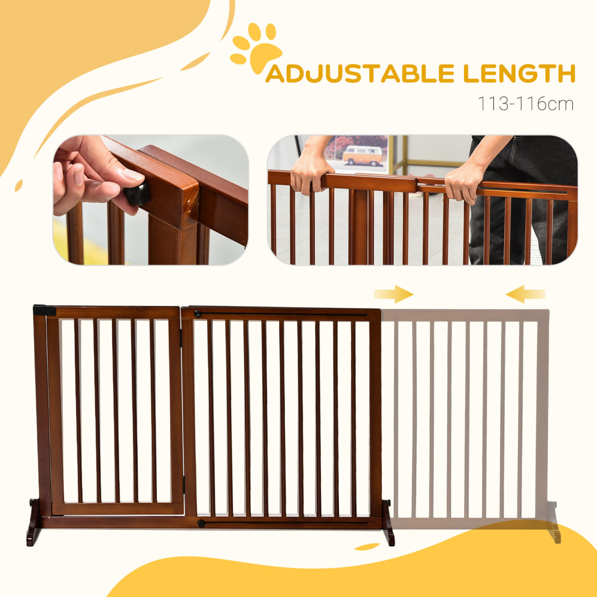 Freestanding Length Adjustable Wooden Pet Gate With Lockable Door 3 Panels, Brown