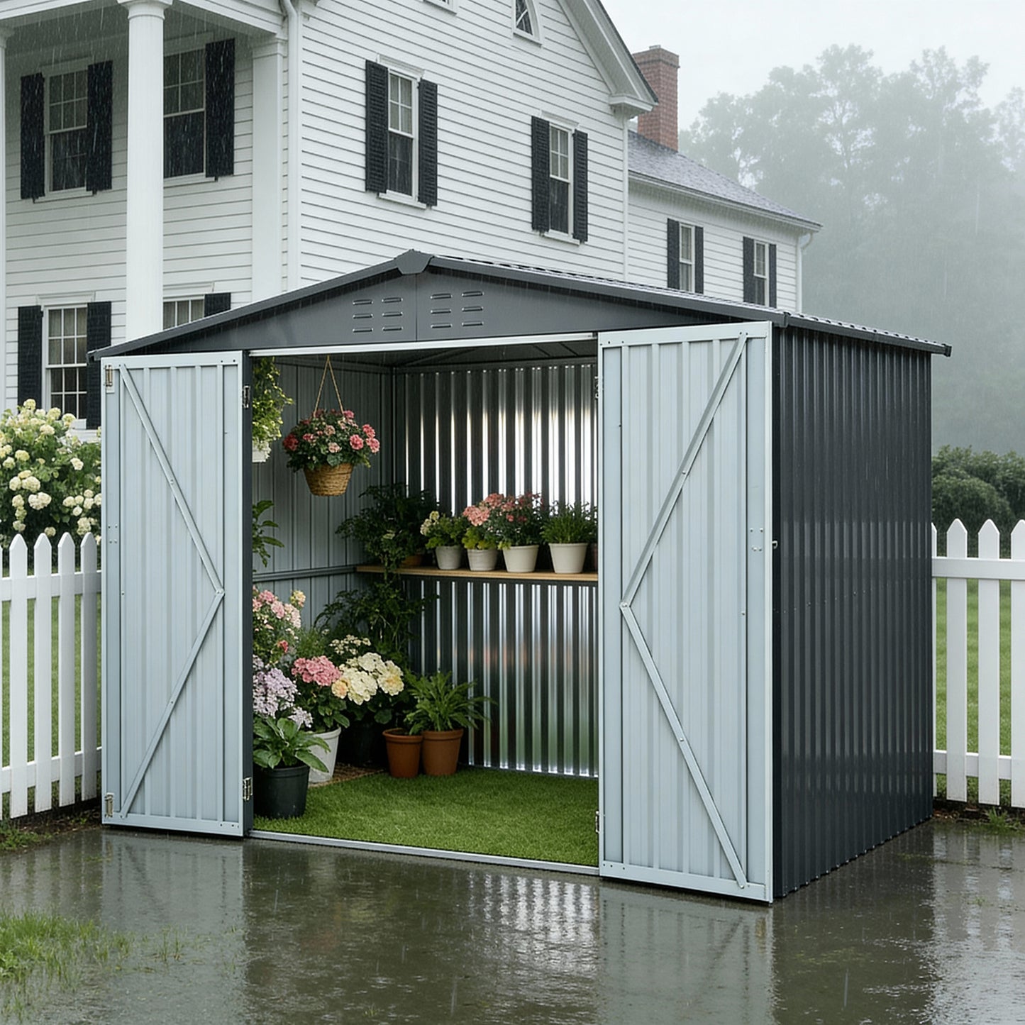 Metal Storage Shed With Double Doors, Heavy-Duty Galvanized Steel Outdoor Garden Shed For Tools, Lawn Equipment, And Yard Storage 72.8Hx68.9Dx87.8W