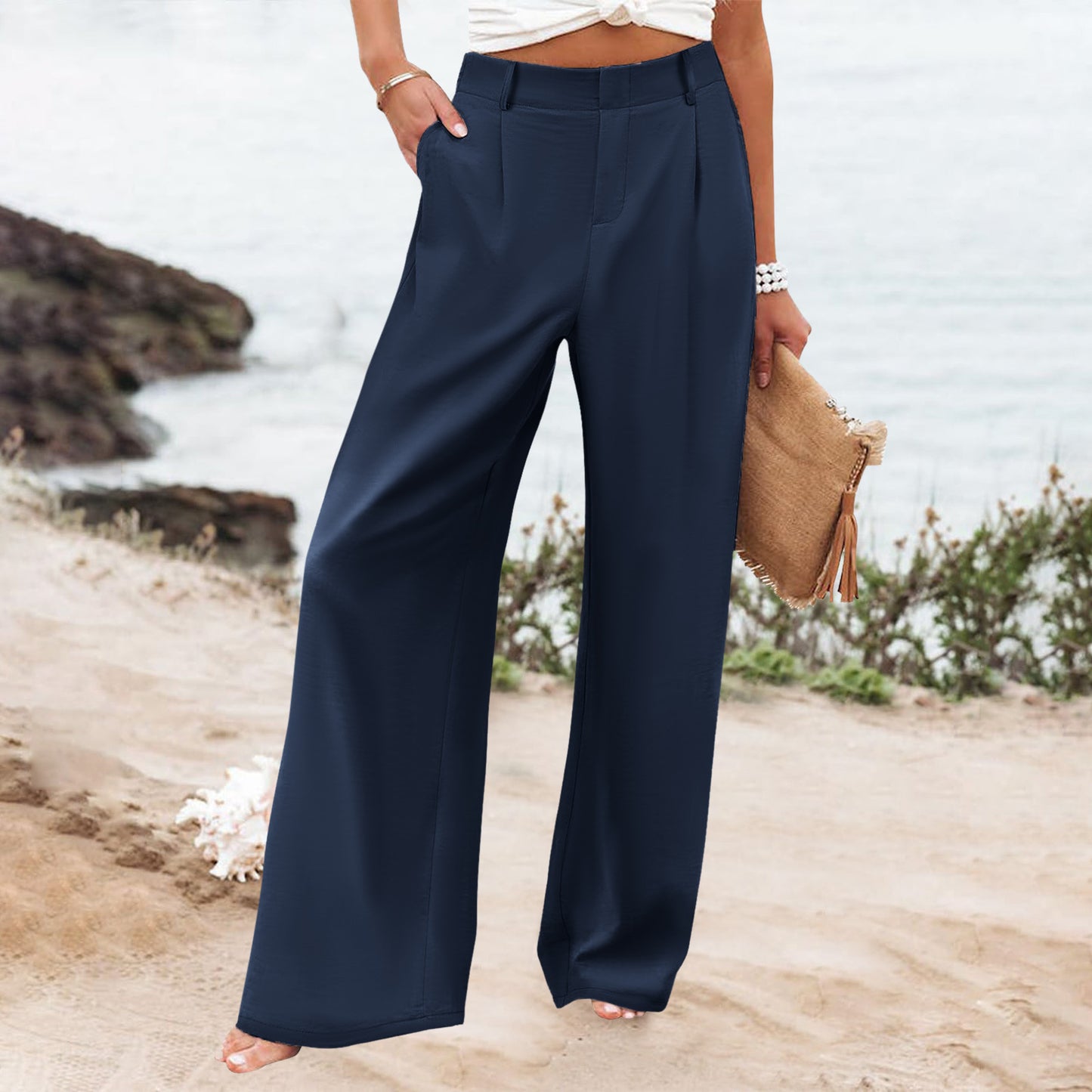 Womens Summer Fashion Loose Solid-color High-waisted Casual Pants Straight-leg Trousers