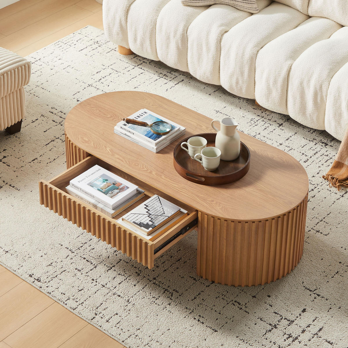 51.18 Oval Wood Coffee Table With Drawer Mid Century Modern Coffee Table Unique Coffee Table For Living Room Furniture, Tea Table OAK