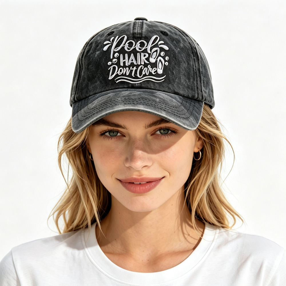 Pool Hair Don't Care Vintage Washed Baseball Cap For Women, Funny Pool Beach Vacation Adjustable Hat