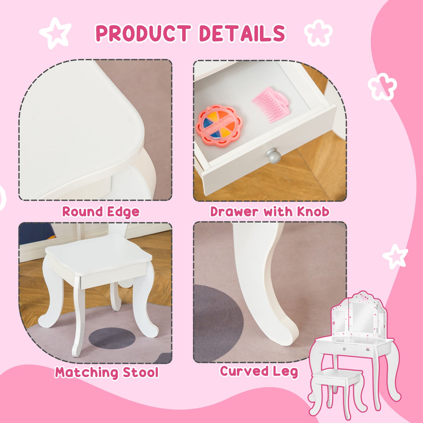 Kids Vanity Table And Chair Set With Tri-Folding Mirror And Stool, Makeup Dressing Table With Drawer, White