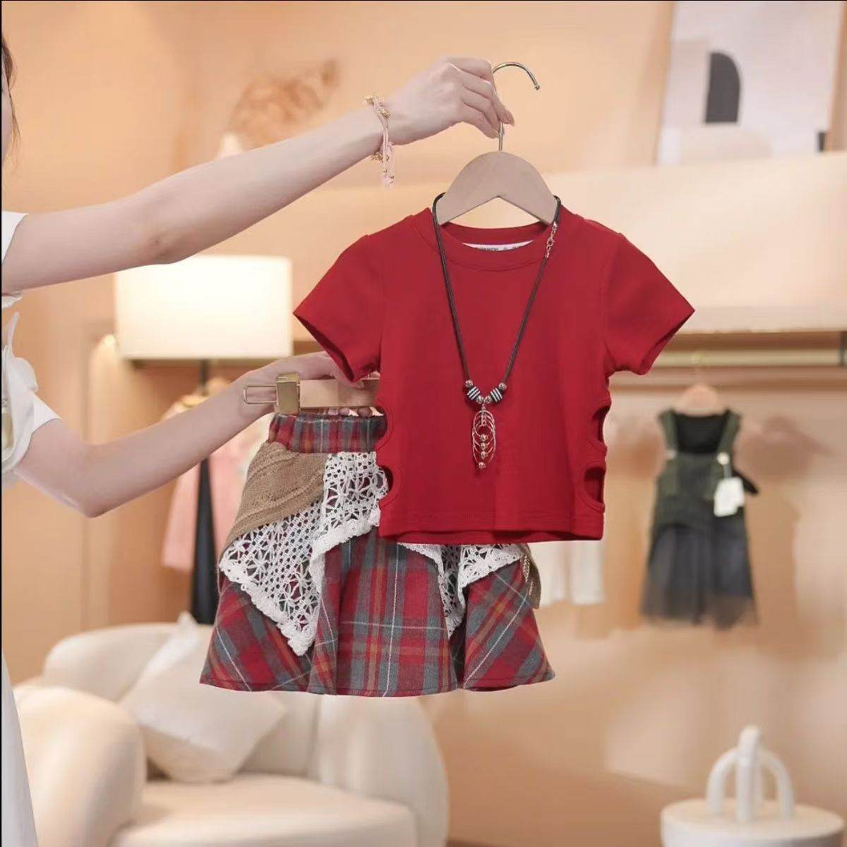 Girls Plaid Set Korean-style Irregular Plaid Skirt And Short-sleeve Top Two-piece Trendy Outfit