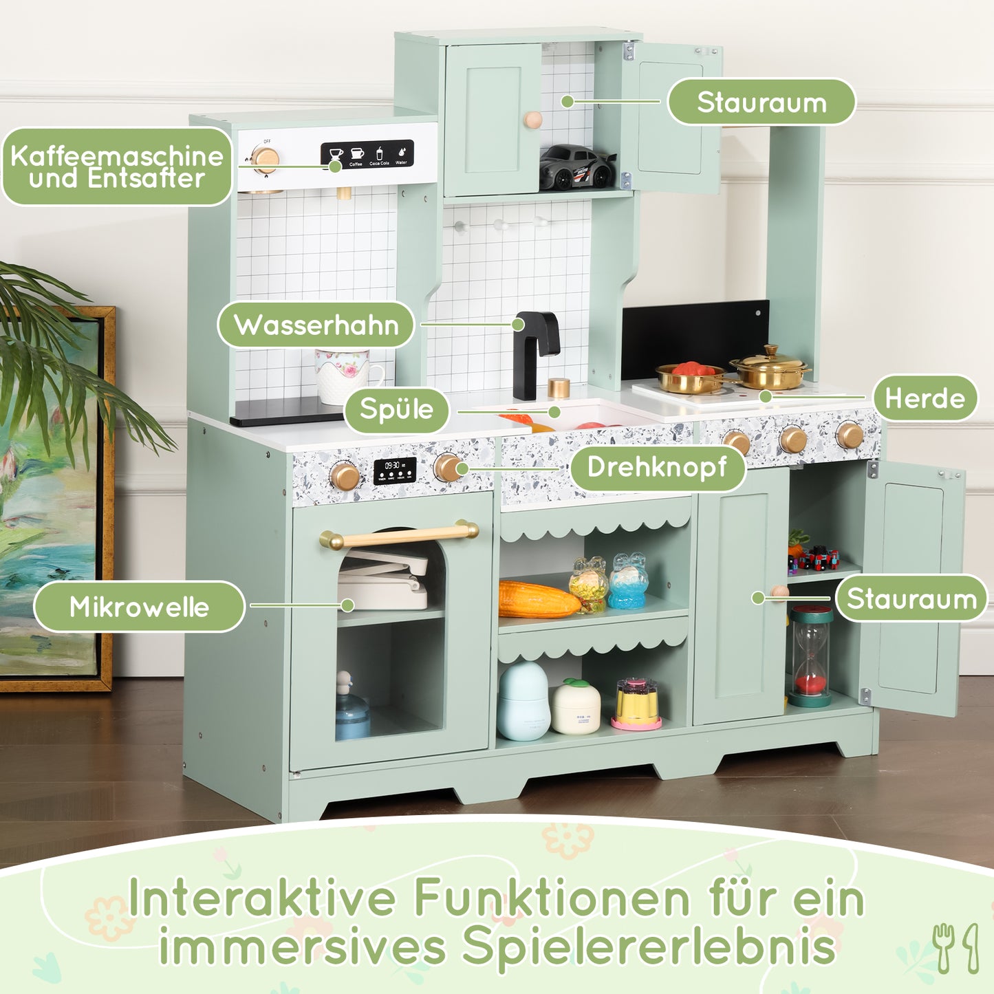 Children's Kitchen, Play Kitchen-Creative Design, Accessories And Surprise Effects, An Excellent Gift For Children From 3 Years, Wood Plastic, Green, 30x90x98cm