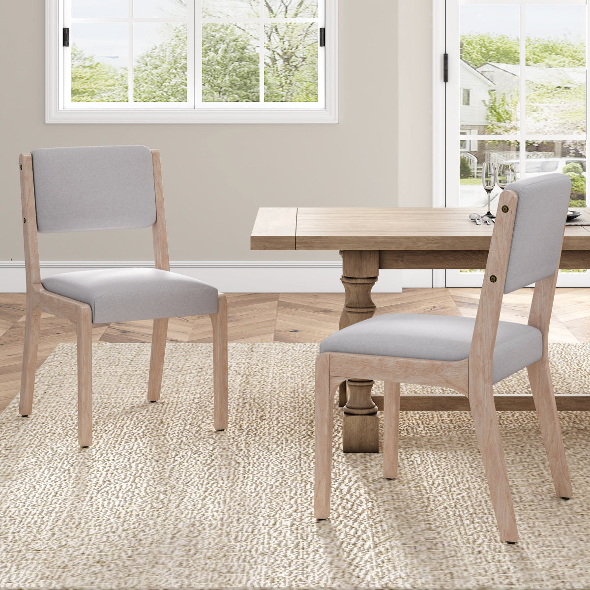 Wood Dining Chairs Set of 2, Modern Farmhouse Accent Chairs with Solid Wood Legs and Padded Seat, Modern Linen Kitchen & Dining Chairs Side Chairs for Dining Room, Beige
