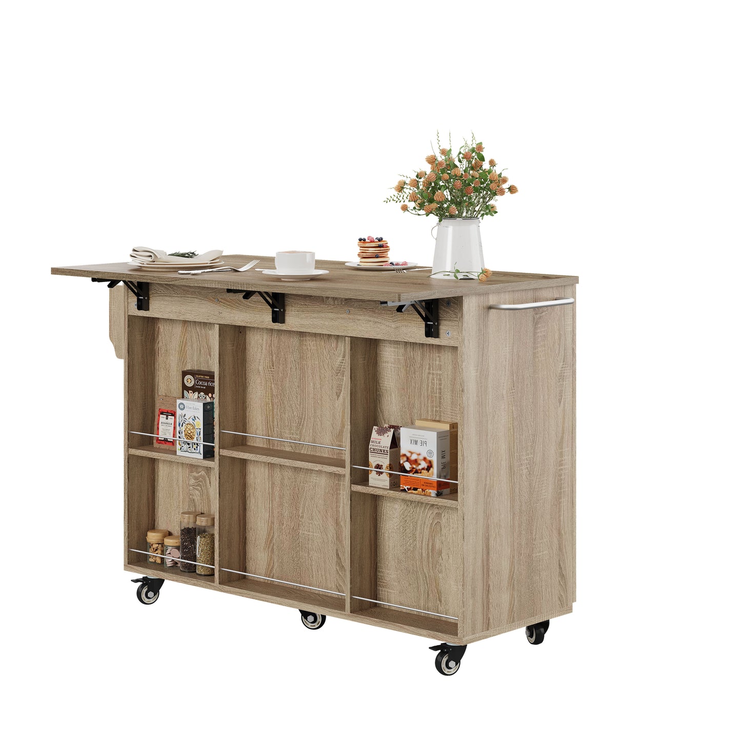 Kitchen Island, Kitchen Trolley With Folding Worktop, 120cm Mobile Kitchen Island On Wheels, Rollable Serving Trolley With Drawer & Cabinet, Sonoma Oak, 92.9x120x43.5cm