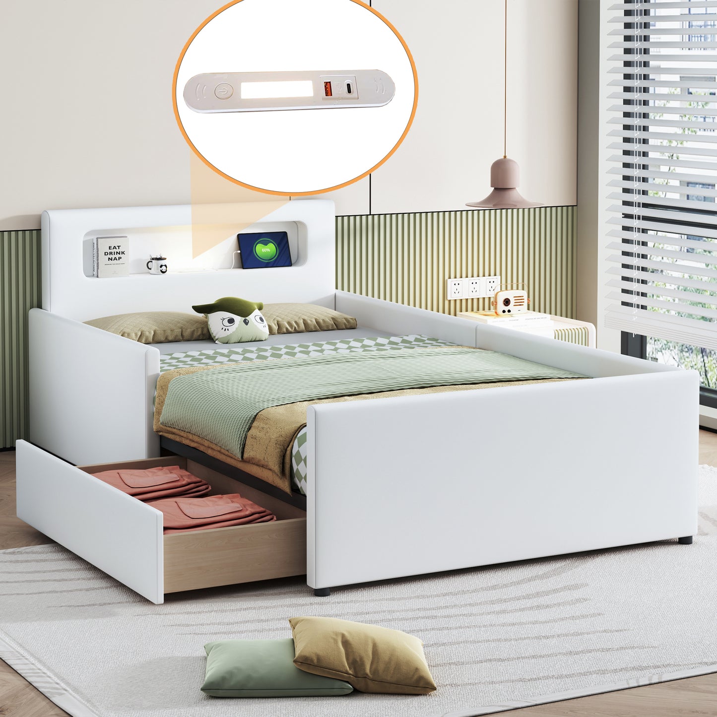 Upholstered Bed Children's Bed 90X200 Cm, With Night Light And USB Charging Port, With Storage Compartments, Raised Side Panels For Safety, Simple Single Bed, Boy And Girl Bed, Faux Leather Fabric, Wh
