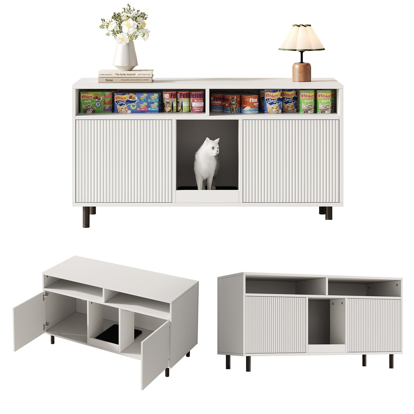 Cat Litter Cabinet Cat Litter Cabinet With Sand Collecting Mat, Pet Cabinet With Shelf, Pet Sideboard TV Cabinet, Without Cat Litter Tray, 120x50x66cm, White