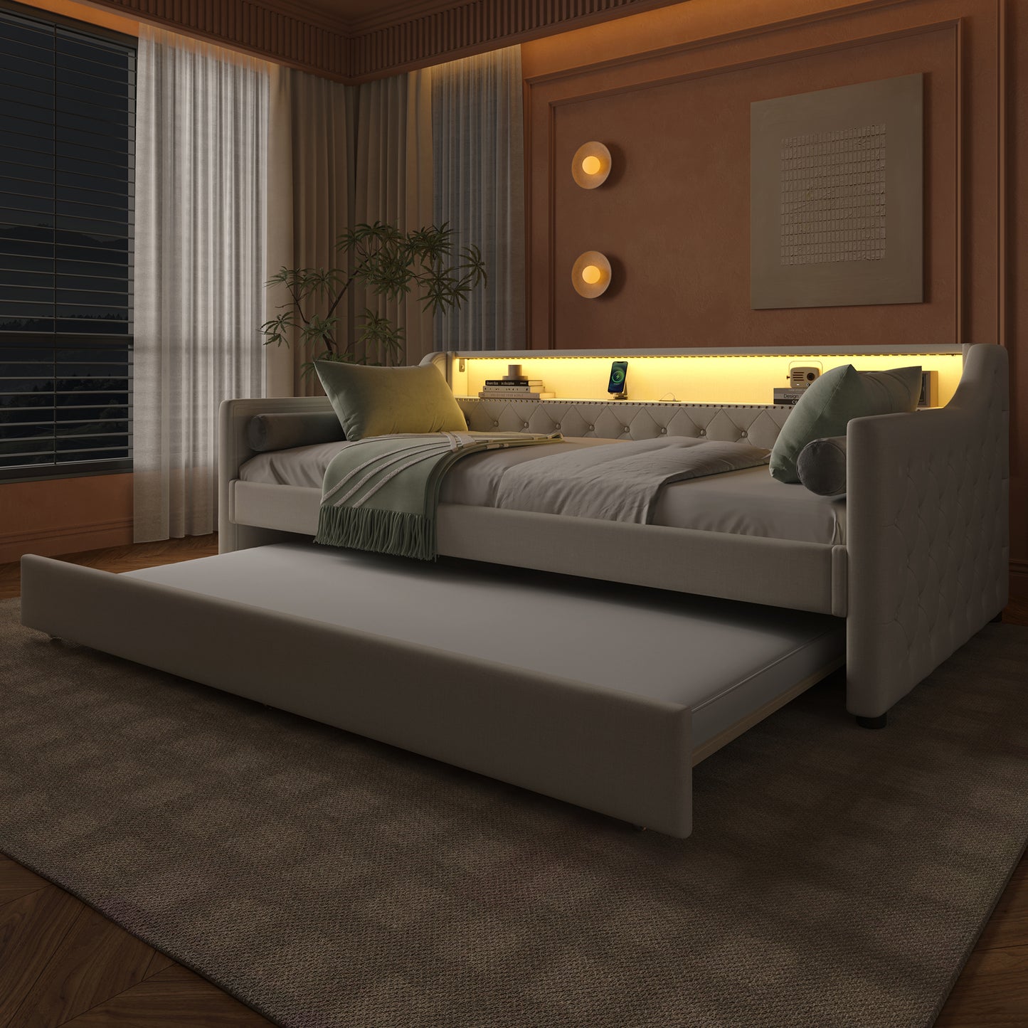 Daybed, 90 X 200cm, Sofa Bed, Daybed With Slatted Base Without Mattress , With LED Lights, Bed With Pull-out Bed, USB Charging Socket, Linen, Beige
