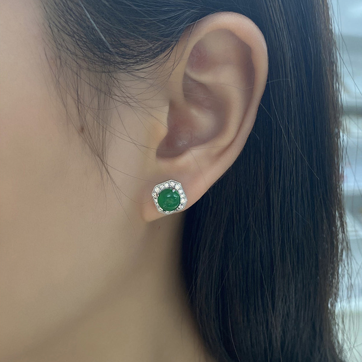 S925 Sterling Silver Octagon Halo Stud Earrings, 6mm Round Green Chrysoprase, Platinum Plated 2.3g, Elegant Women's Jewelry With Gift Box Set