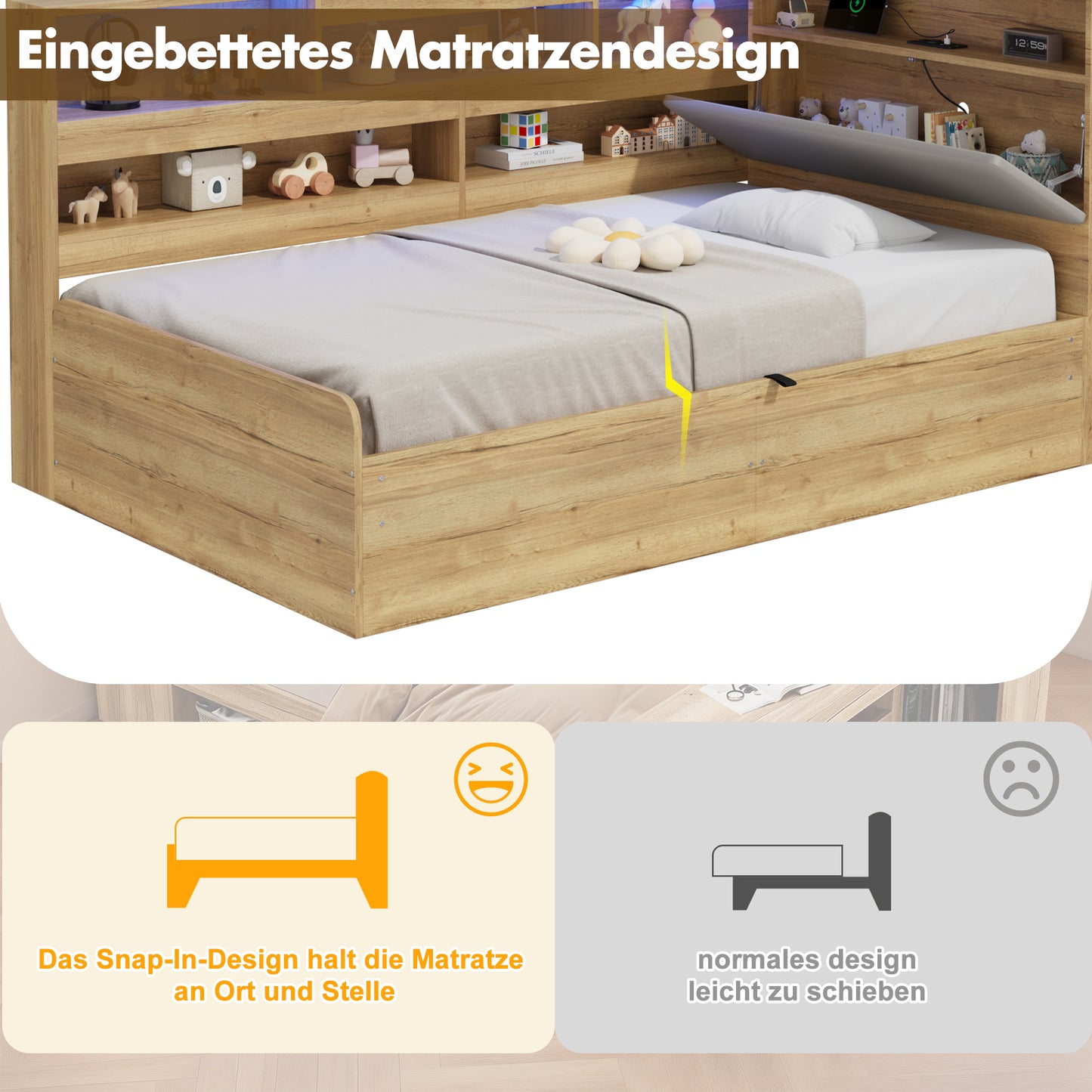 Daybed, Hydraulic Storage Bed, Children's Bed 90x200cm, Wooden Bed, Youth Bed, With USB Charging Station And LED Lighting, Natural Colour