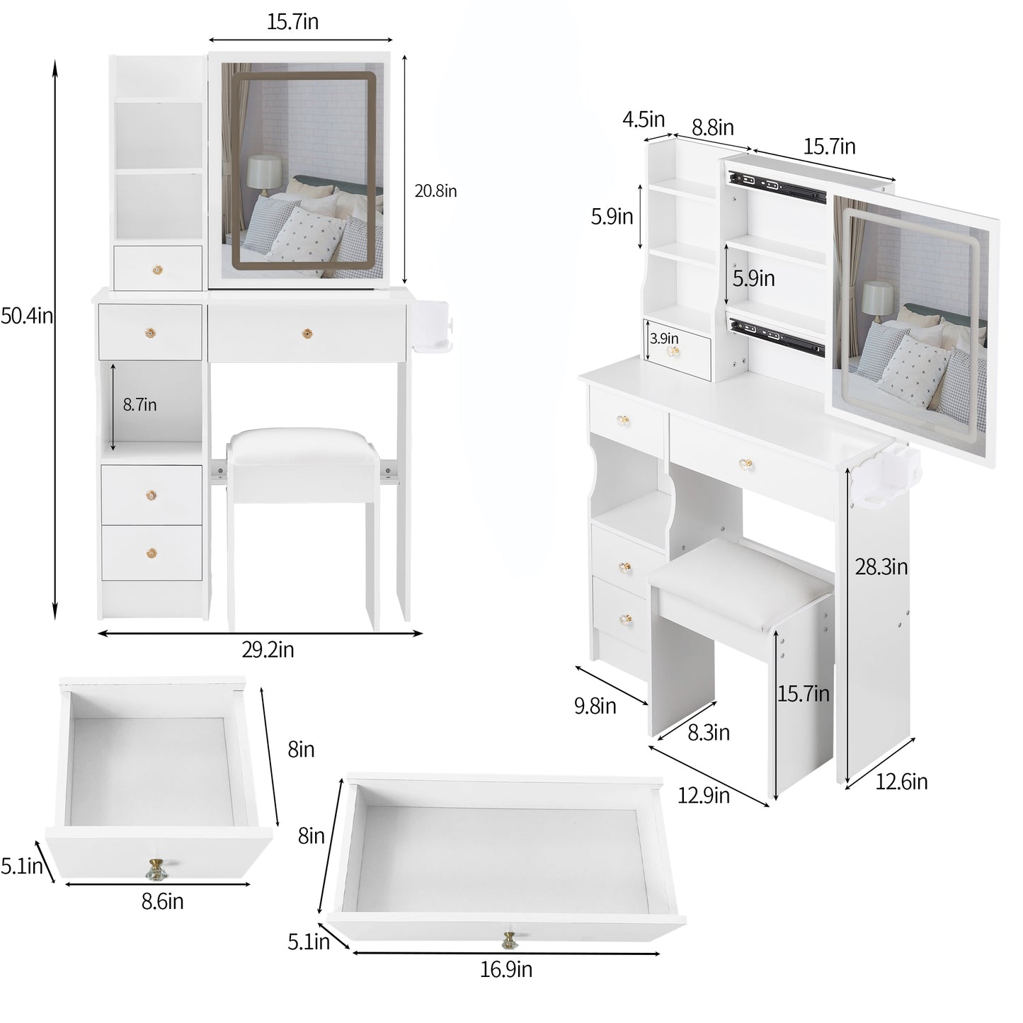 29.2 Small Size Drawer Desktop Vanity Table Cushioned Stool, 2 AC-2 USB Power Station, Hair Dryer Bracket, Extra Large Touch Control Sliding LED Mirror, 3-color Switching, EPA, GCC, UL Certificate