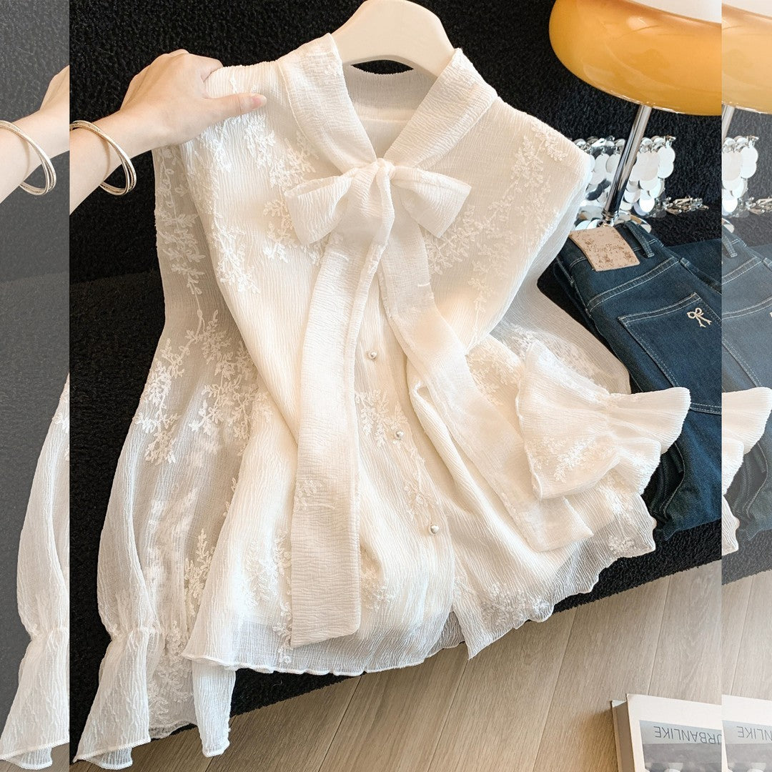 Womens Fashion Lace Jacquard Blouse With Tied Laces