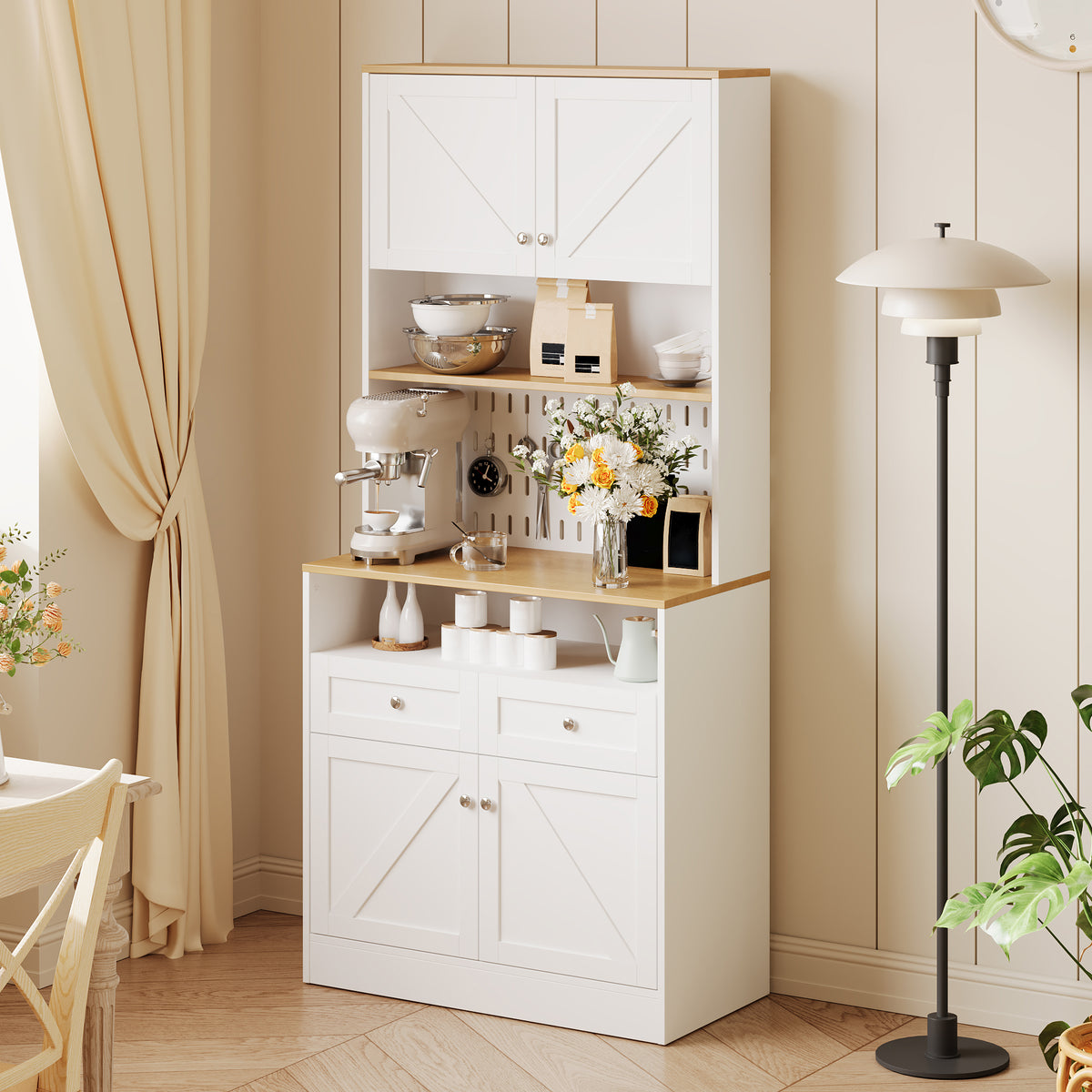 Stylish White Dining Room Sideboard With 2 Drawers And 4 Doors Elegant Buffet For Kitchen, Dining Room & Living Room With Silver Handles And Generous Storage Space