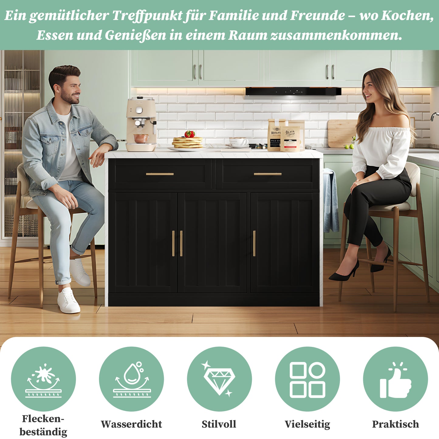 120x60x91cm, Kitchen Island, Sockets, USB Ports, 1.5m Long Power Cord, Adjustable Shelves, Metal Handles, Towel Rail, Bar Area, Suitable For Homes, Kitchens And Similar Rooms