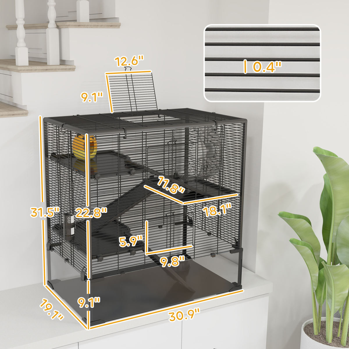 4 Tier Hamster Cage with Deep Tempered Glass Bottom, Running Wheel, Hut, Water Bottle, Food Dish, 31" x 19" x 31.5"
