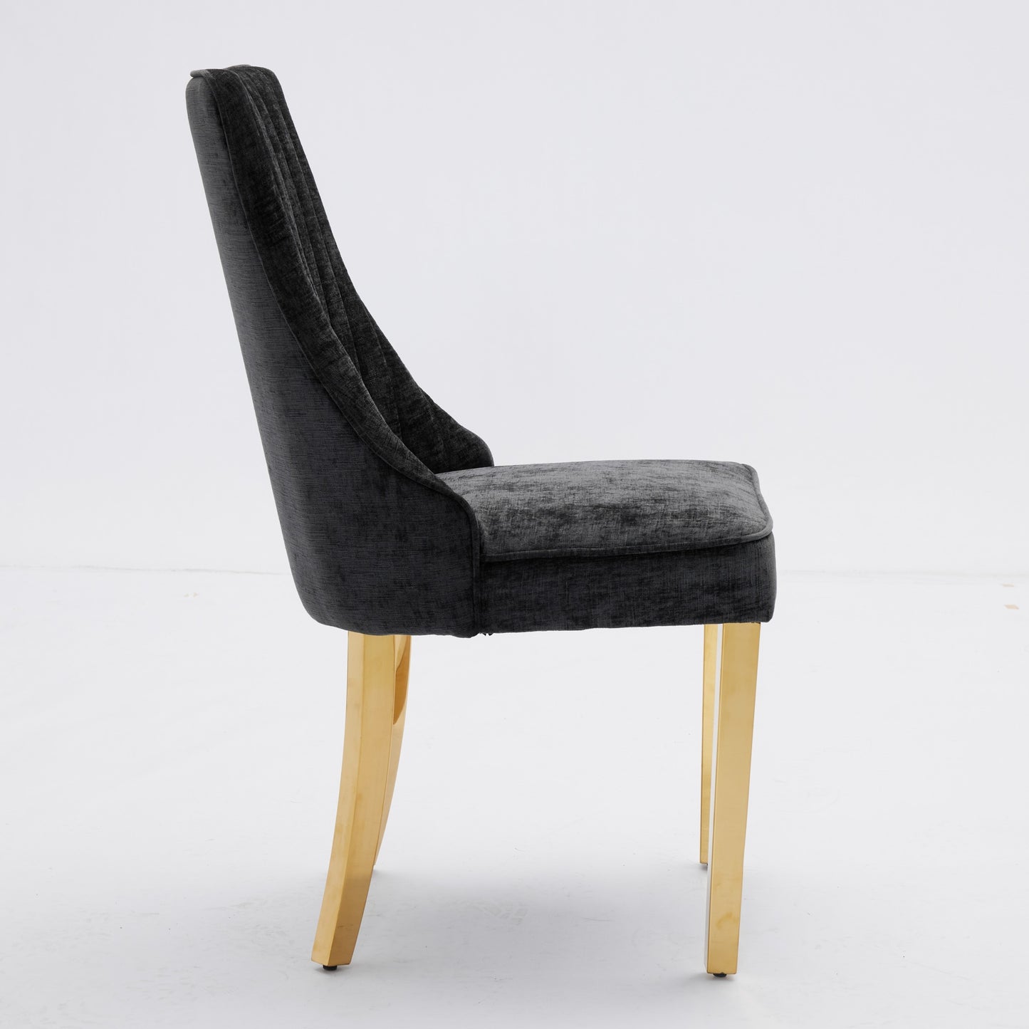 Rayon Cloth Flocking Chenille Dining Chairs Channel Kitchen Dinner Chair Comfy Fabric Upholstered Accent Chair For Dining Room With Golden Stainless Steel Plating Legs,Set Of 2 Black , DE1647BK