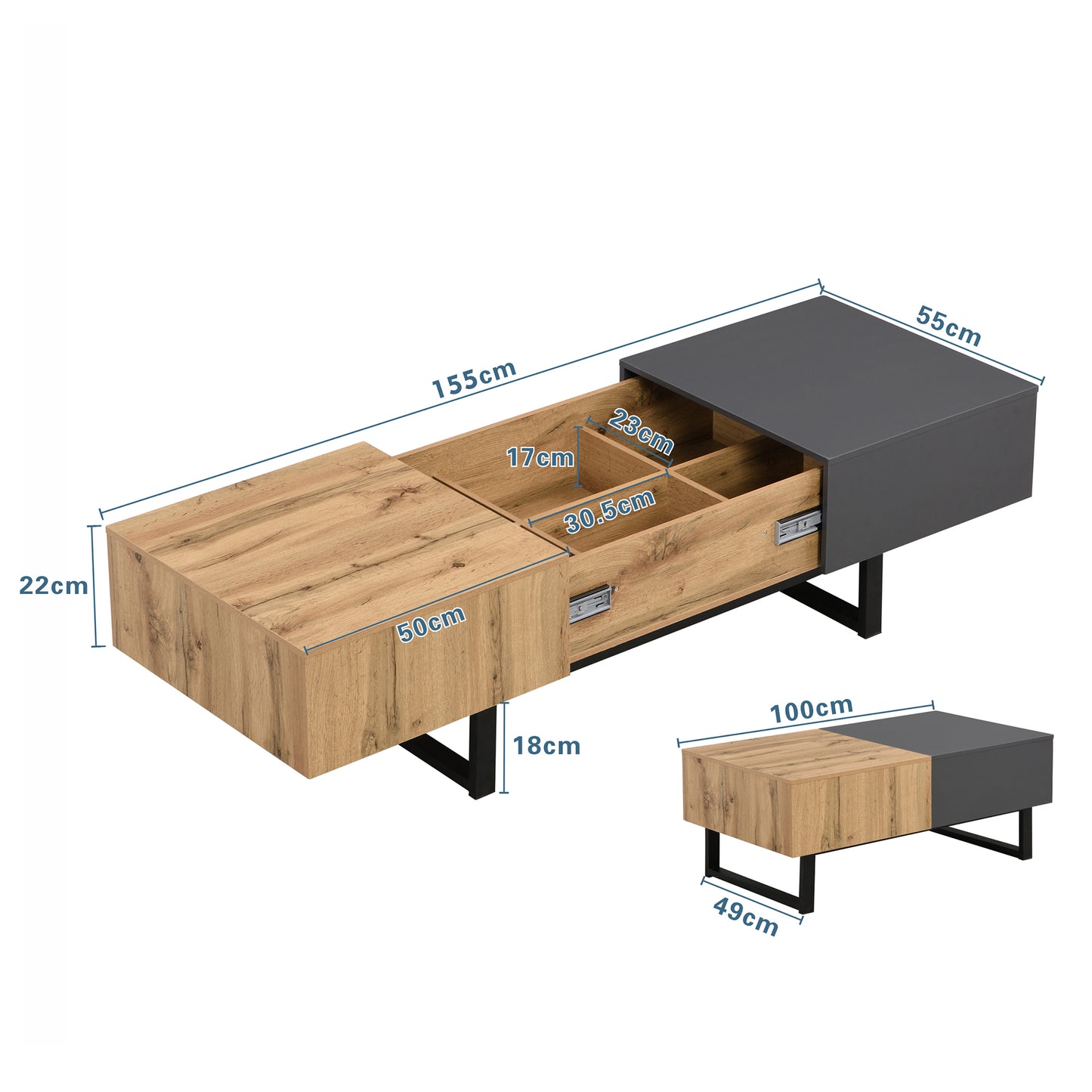Multifunctional Modern Sliding Coffee Table With Hidden Storage, High Quality Wood And Metal Bracket, Suitable For Home And Office Setting, Easy To Install, 155x55x40cm