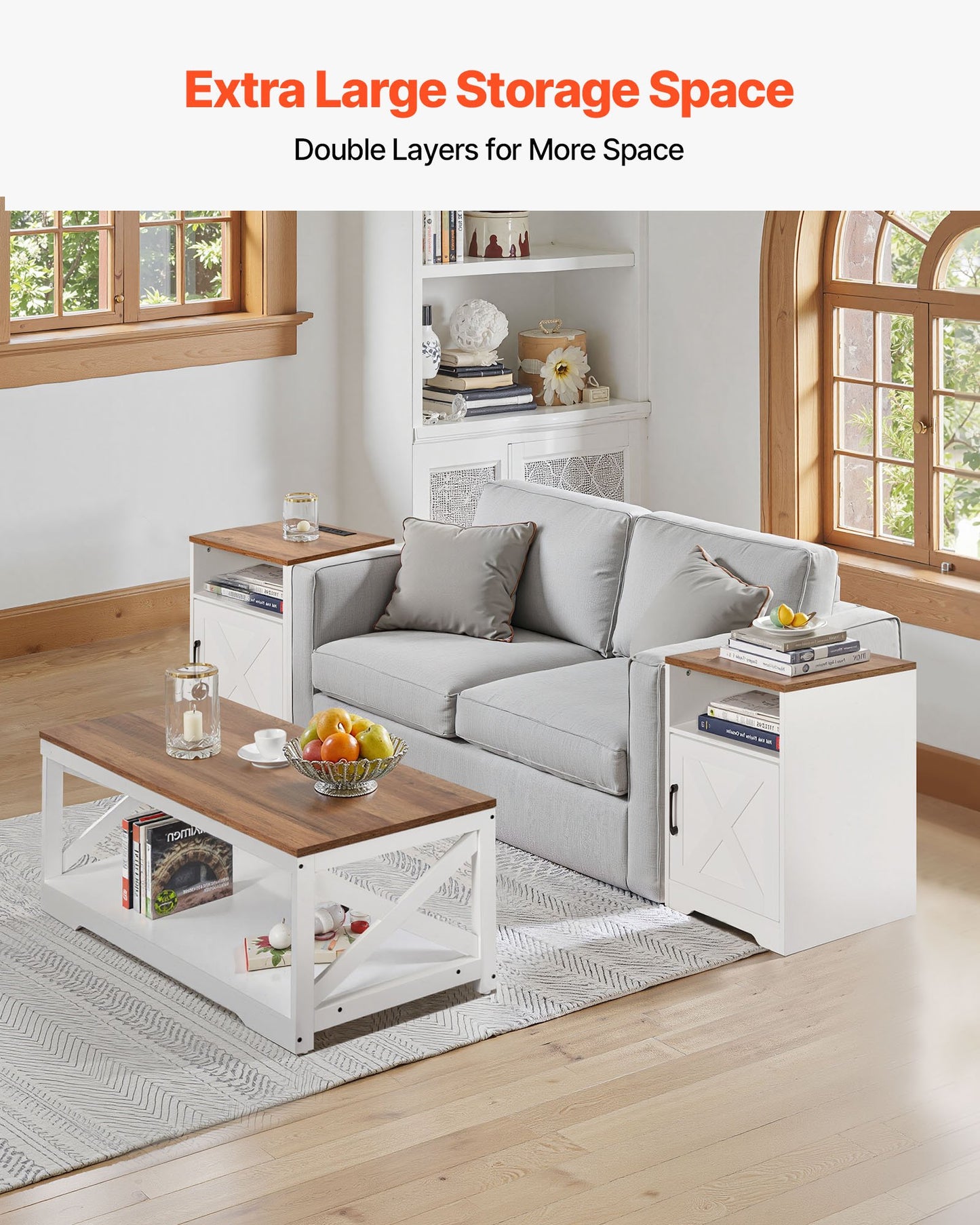 3 Pieces Farmhouse Coffee Table Sets, 40 In Industrial Coffee Table With 2 End Side Tables, Easy Assembly Coffee And End Tables Sets With Charging Station, For Office, Living Room & Apartment