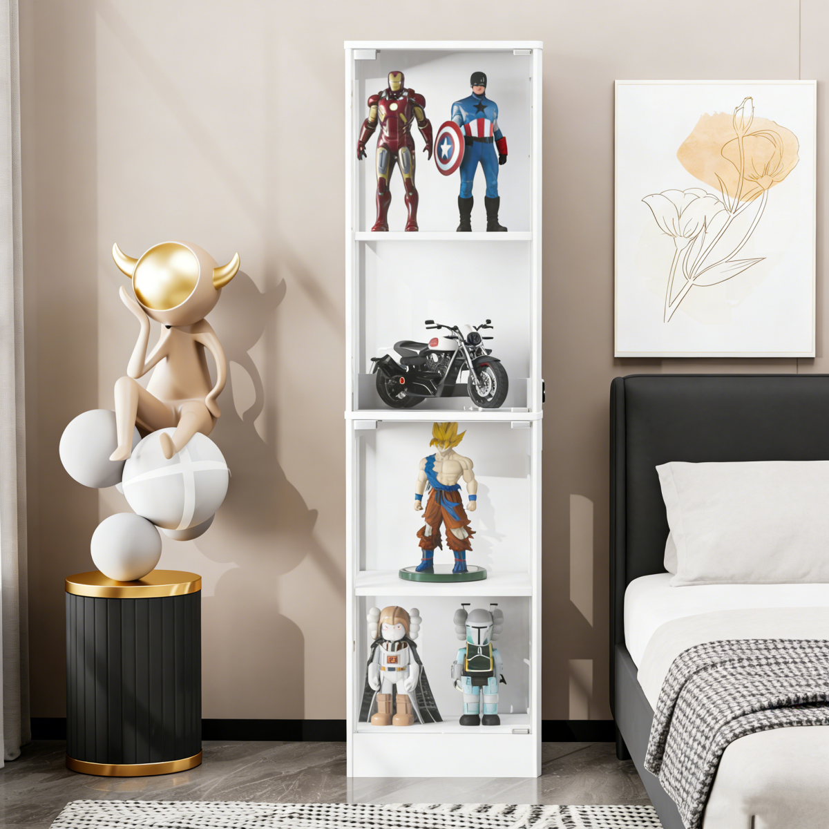 Four-storey Glass Display Case With Storage Space, LED Lighting, Glass Doors And Smart Sensors. Suitable As A Dustproof Glass Cabinet For Living Rooms, Bedrooms And Offices. White.40X35X165cm
