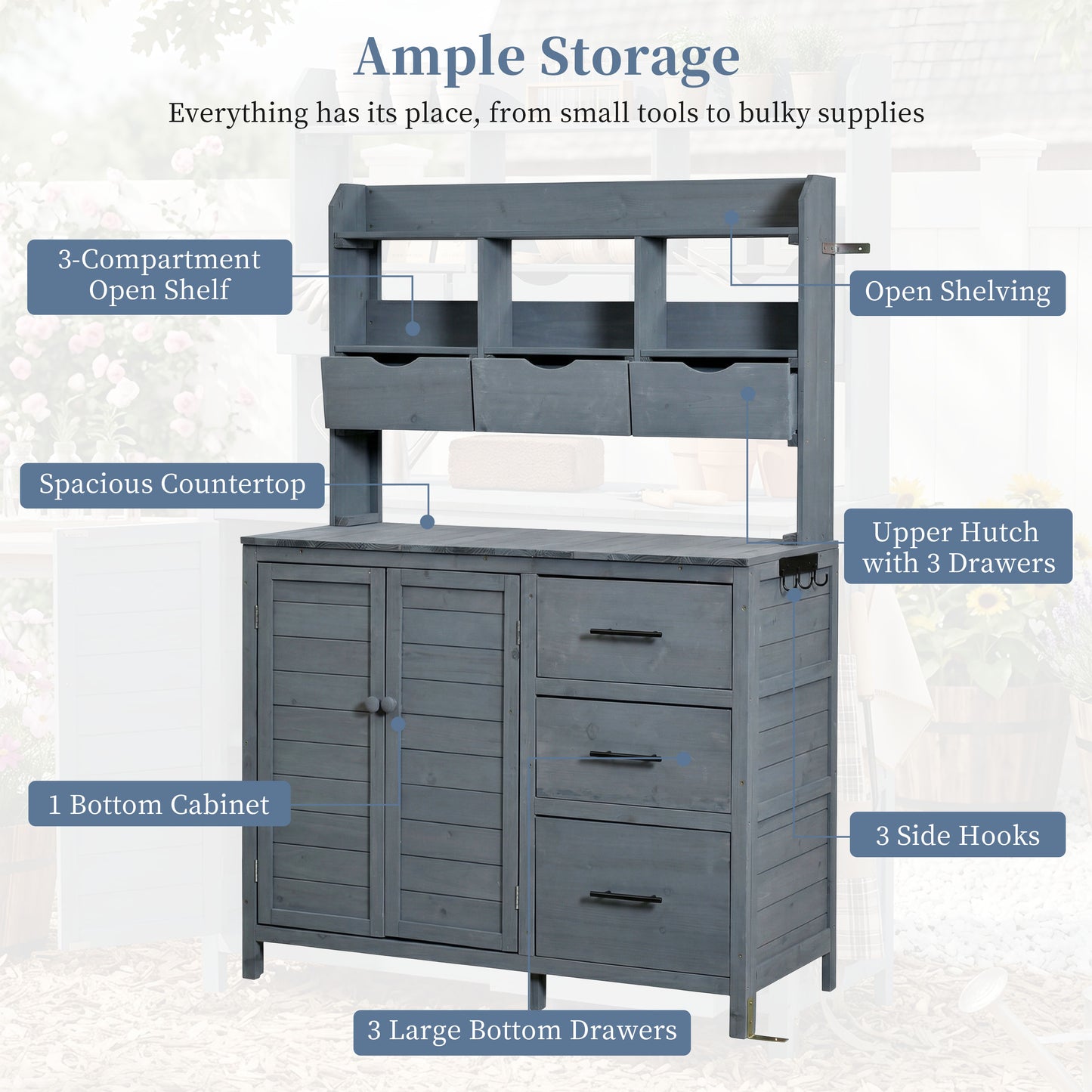 With Assembly Video TOPMAx Farmhouse Patio Potting Bench 44.6 X19.5 Large Freestanding Garden Workstation With 6 Drawers Bottom Cabinet And Side Hook Outdoor Kitchen Island Gray