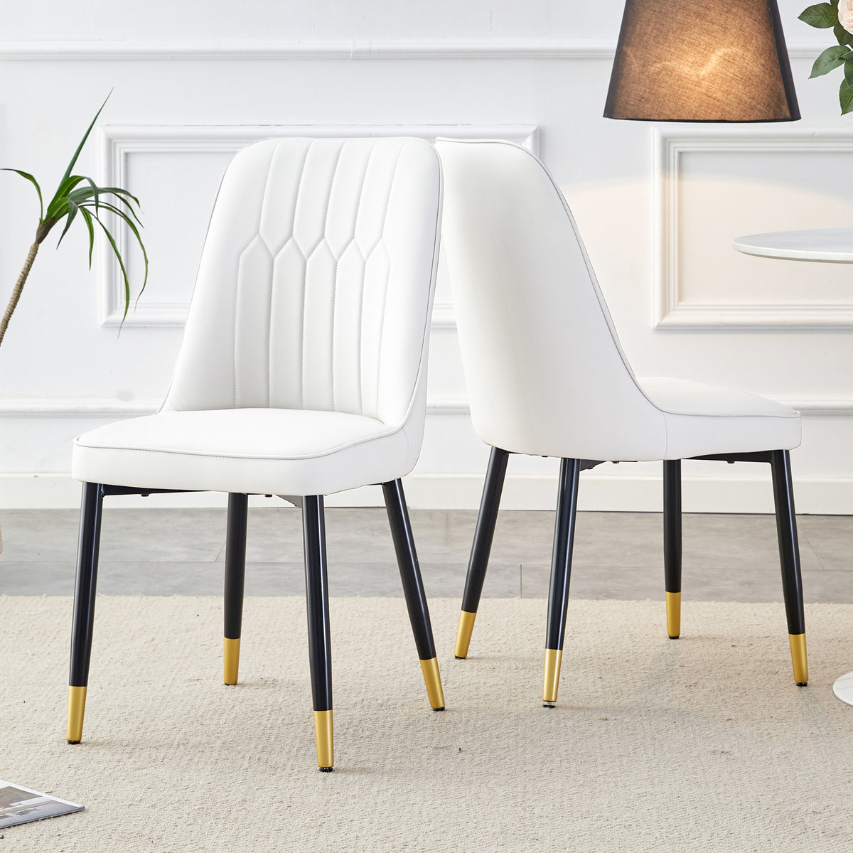 Set Of 2 Modern White Dining Chairs With White PU Leather Back Upholstery And Black Metal Legs, Suitable For A Wide Range Of Uses, Such As Dining Room, Kitchen And Bedroom.