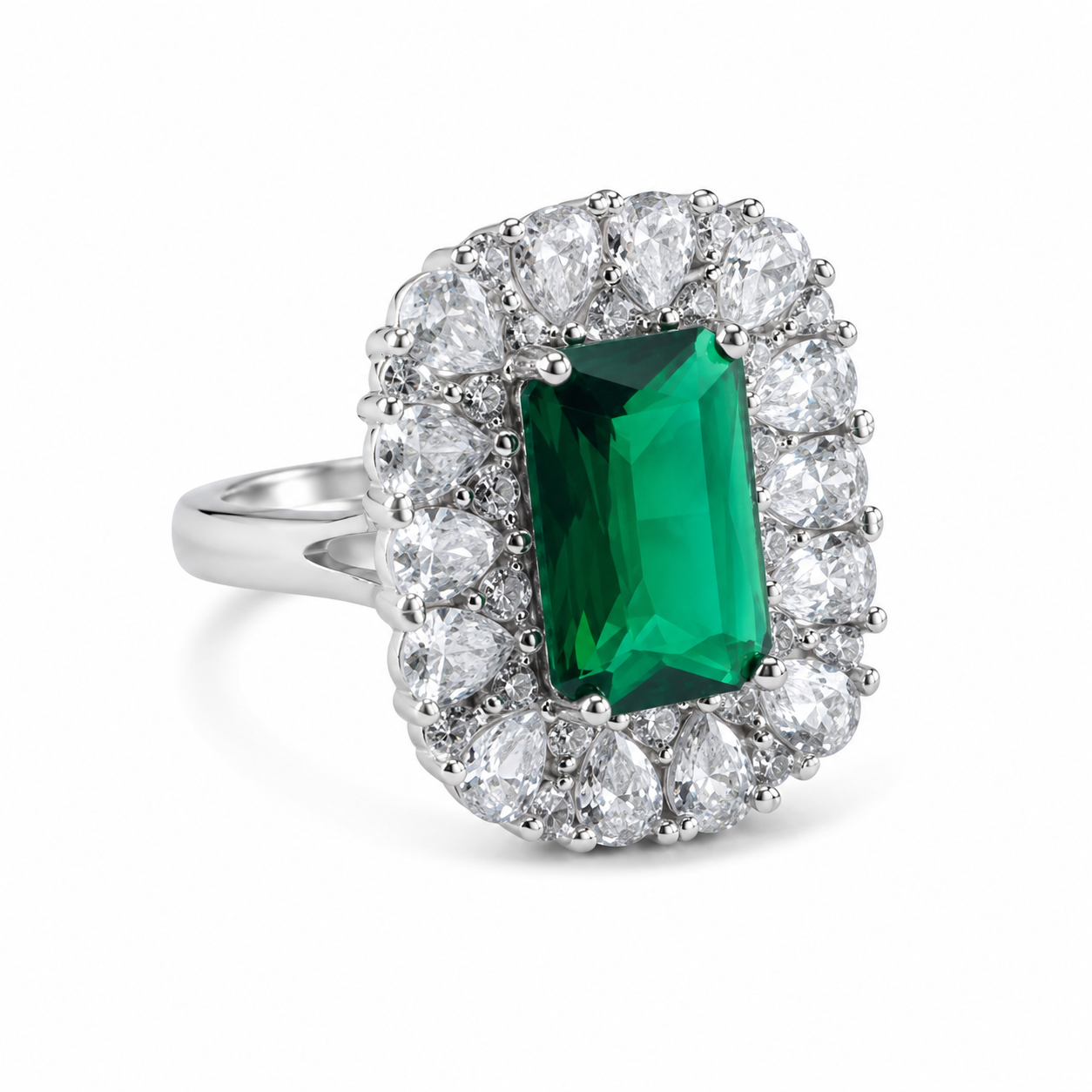 Emerald-Cut Vivid Green CZ Pear Double Halo Cocktail Ring For Women, Copper Plated Silver Pave Crystal Vintage Wedding Engagement Statement Jewelry Gift