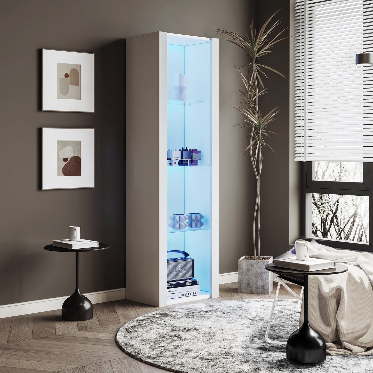 White High Gloss Display Case With LED Lighting, 3 Glass Shelves, 55x38x166 Cm, Display Cabinets, Standing Display Cabinets, Tall Cabinets, Storage Cabinets