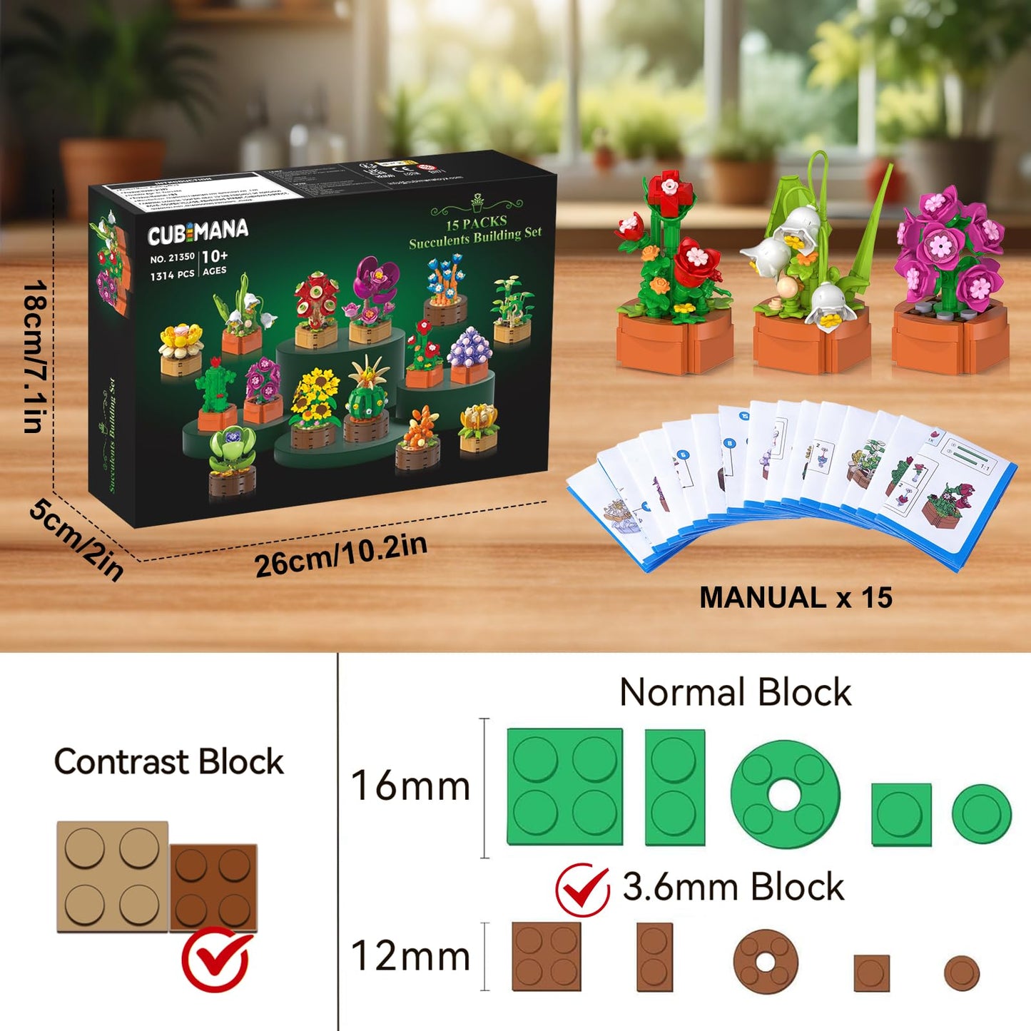 15 Pack Flowers Plants Mini Building Set-3.6MM Flower Succulents Botanical Block Toy For Home Office Decor, Easter Birthday Gifts For Adults Women Boys Girls